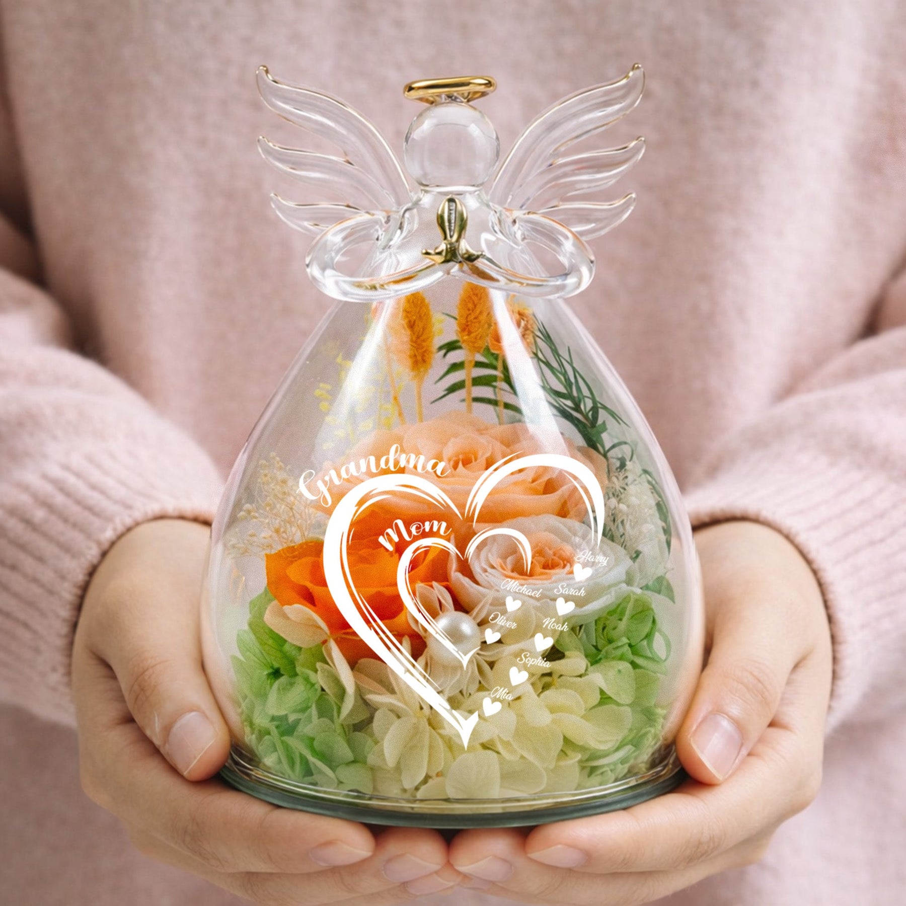 Mom Grandma Hearts Custom Kids' Names - Personalized Flower In Glass Angel Figurines