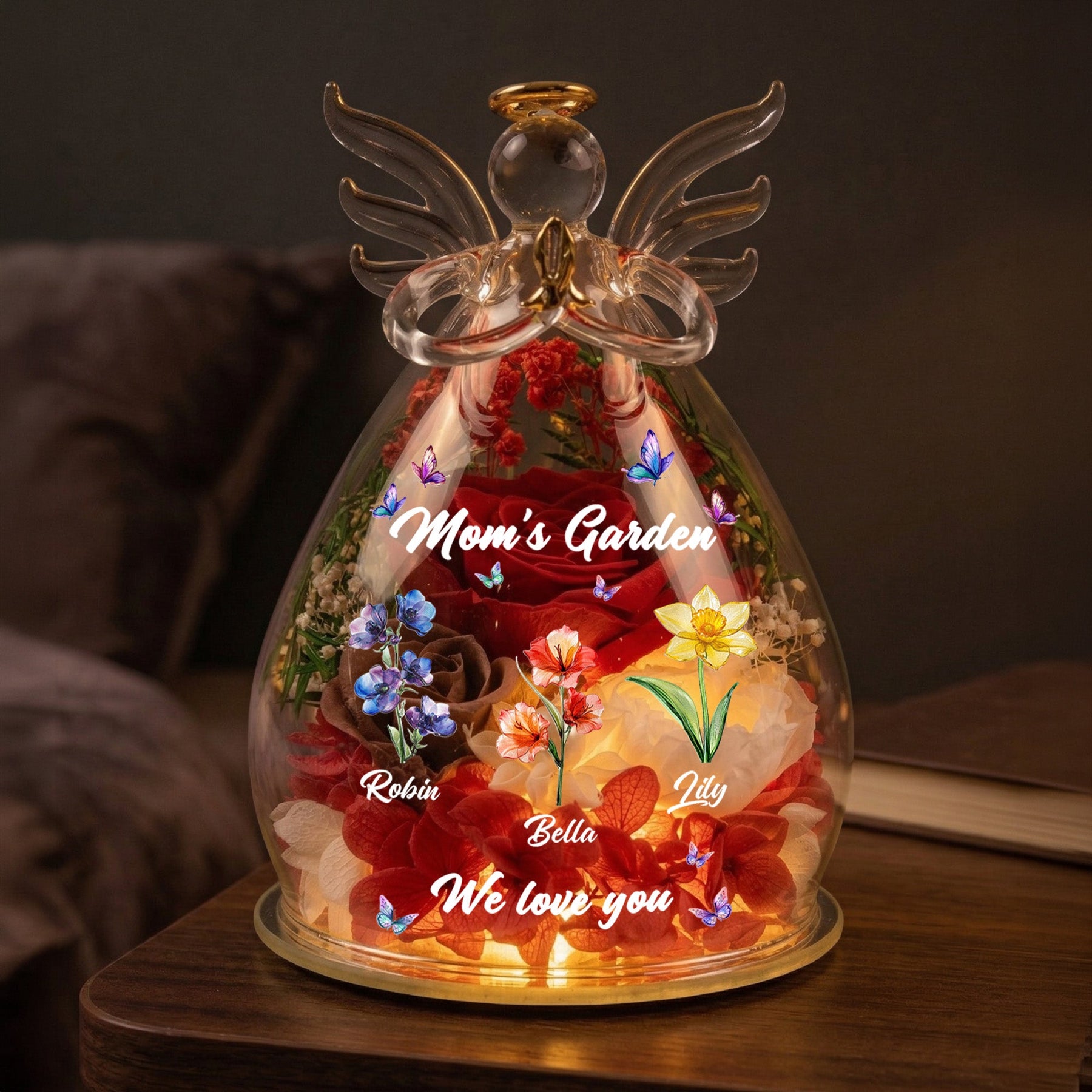 Mom's Garden, Grandma's Garden - Custom Kids' Birth Flower - Personalized Flower In Glass Angel Figurines