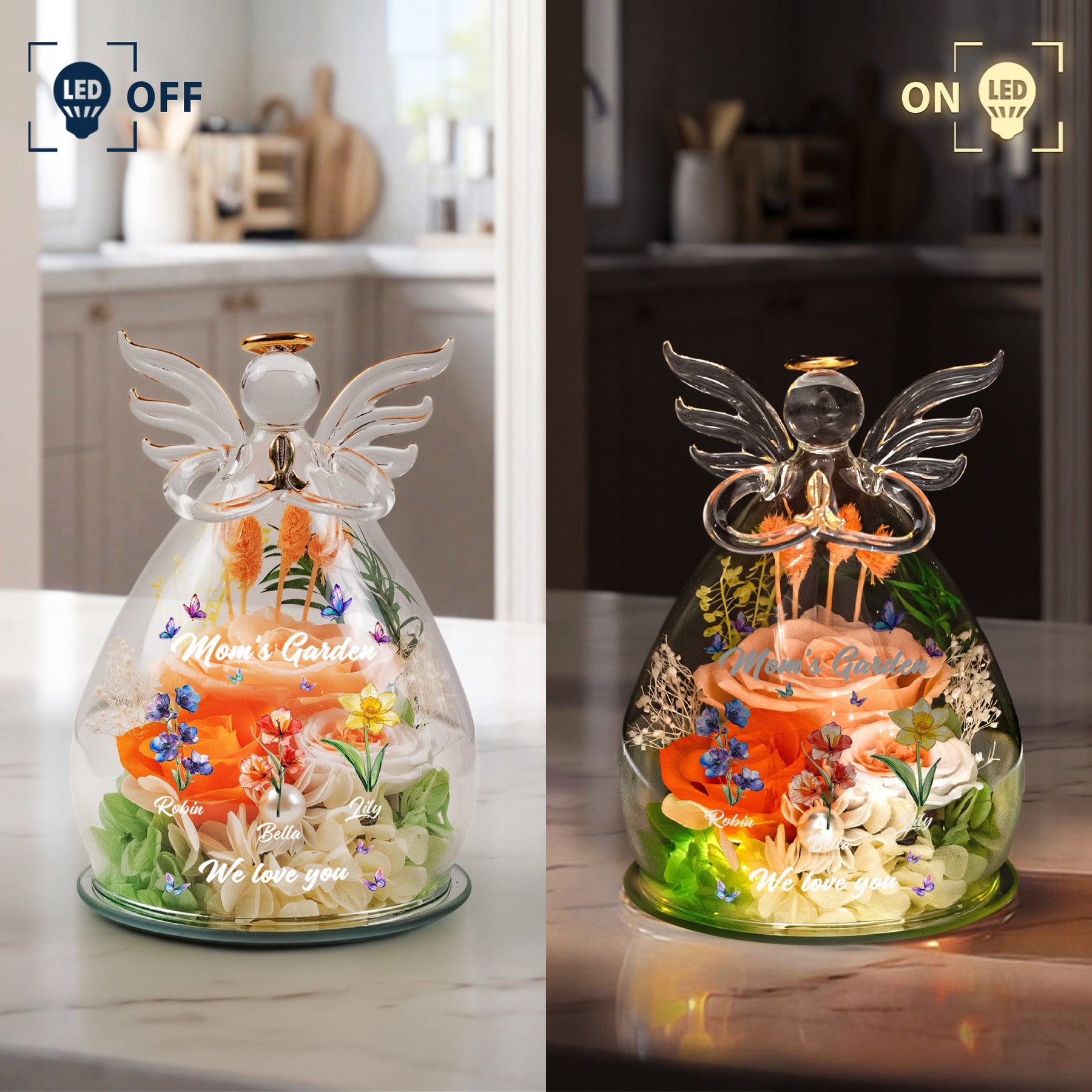 Mom's Garden, Grandma's Garden - Custom Kids' Birth Flower - Personalized Flower In Glass Angel Figurines