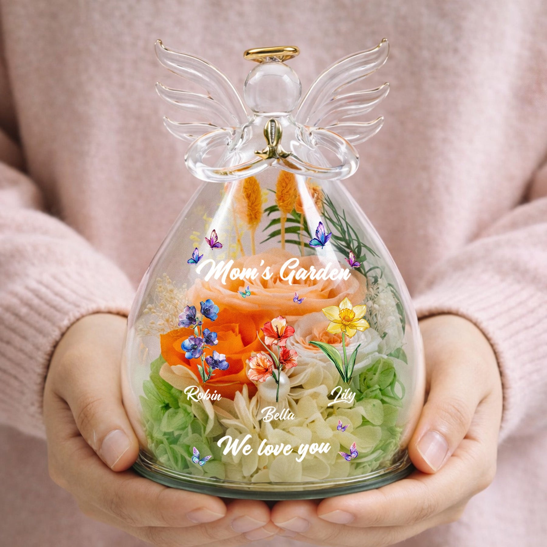 Mom's Garden, Grandma's Garden - Custom Kids' Birth Flower - Personalized Flower In Glass Angel Figurines