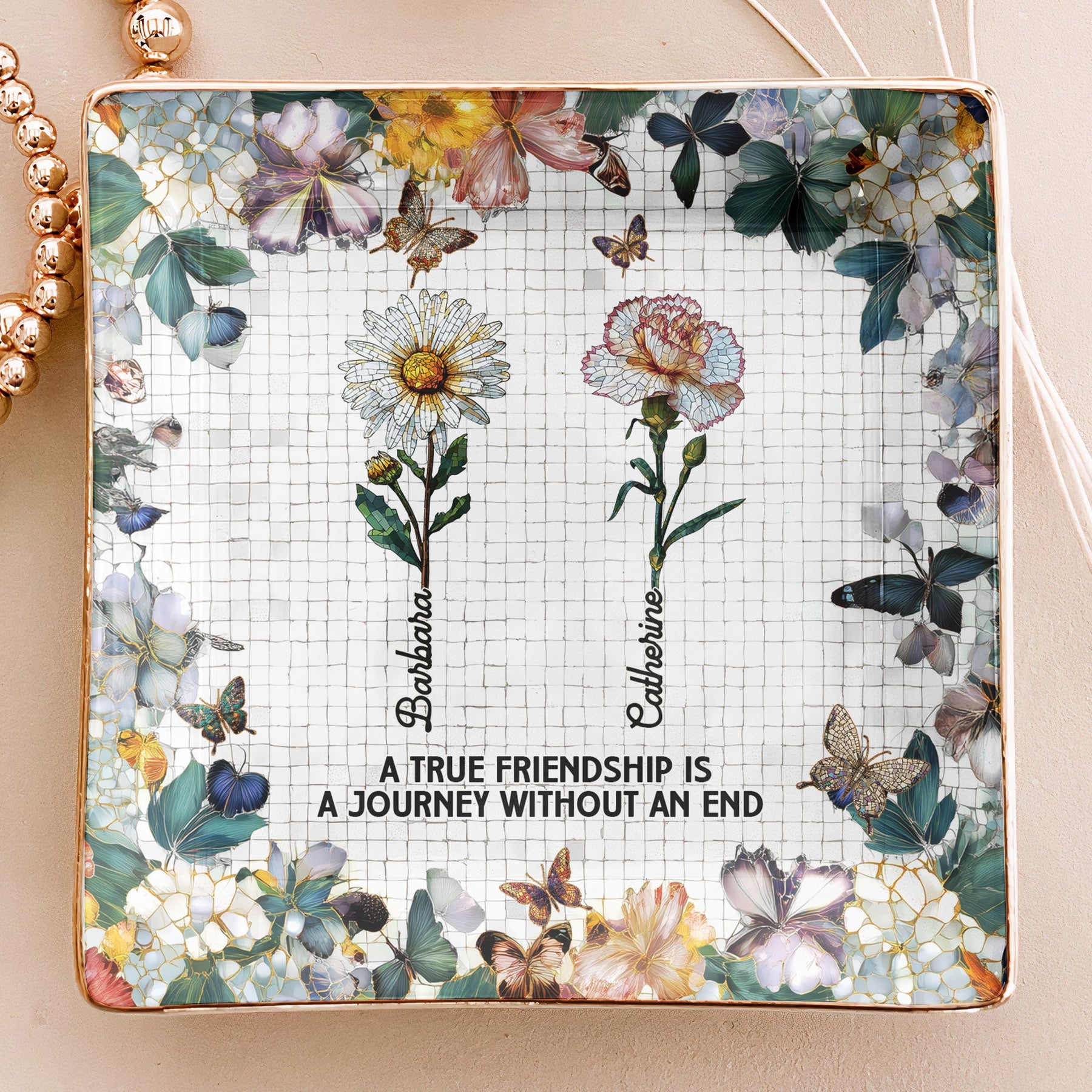 Mosaic Style Birth Flowers A True Friendship Is A Journey - Personalized Jewelry Dish