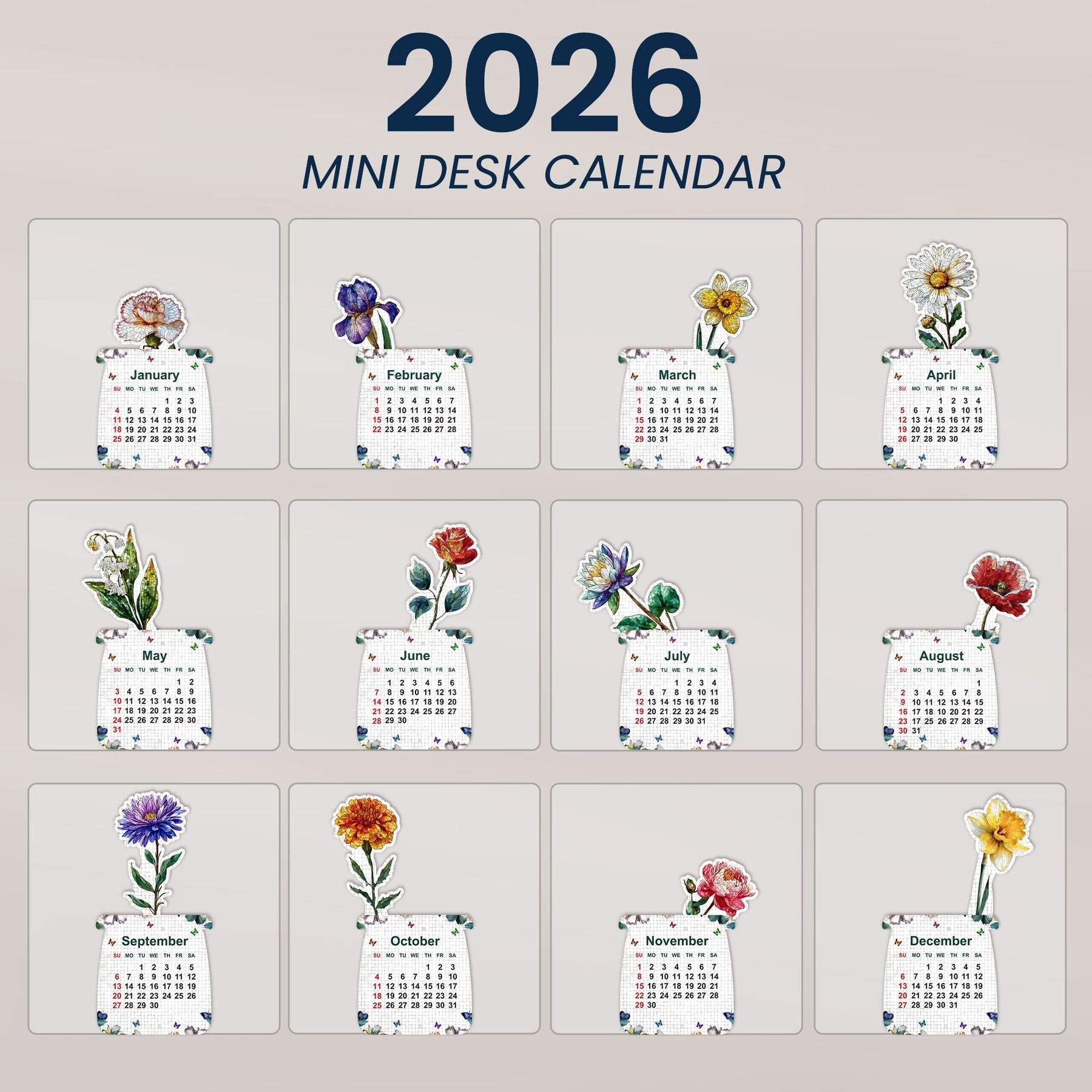 Mosaic Style Birth Flowers - Custom Easel Calendar 2026
