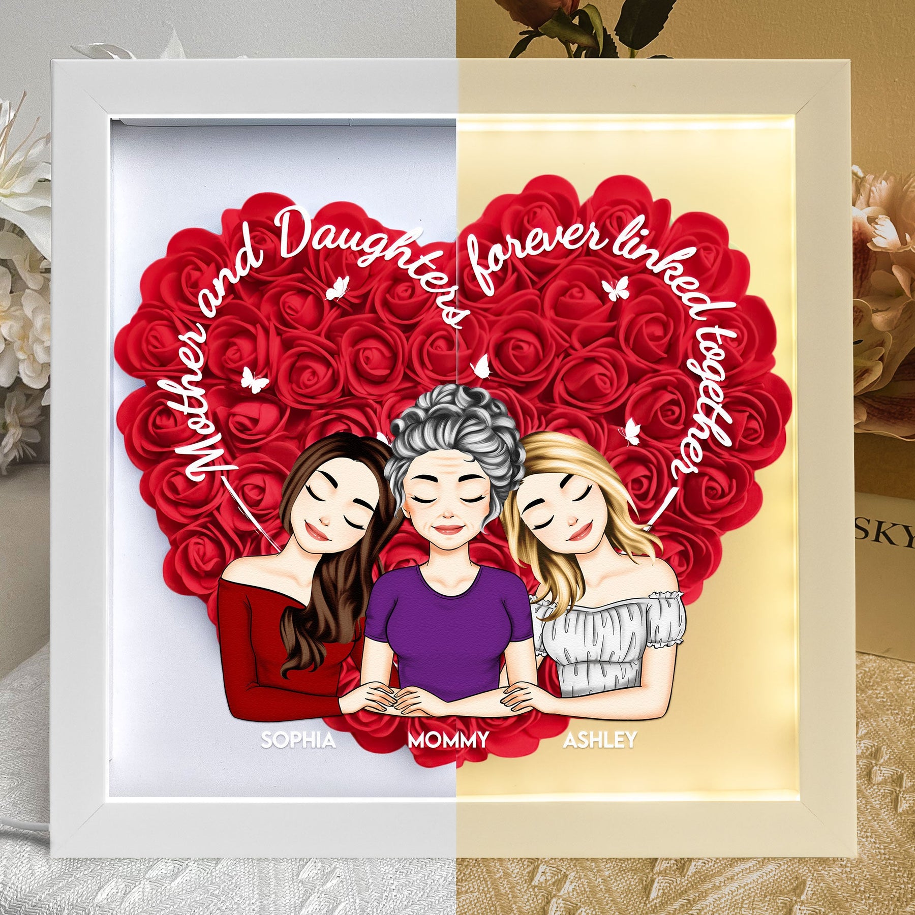 Mother Daughters Linked Together - Personalized Flower Shadow Box With LED Light