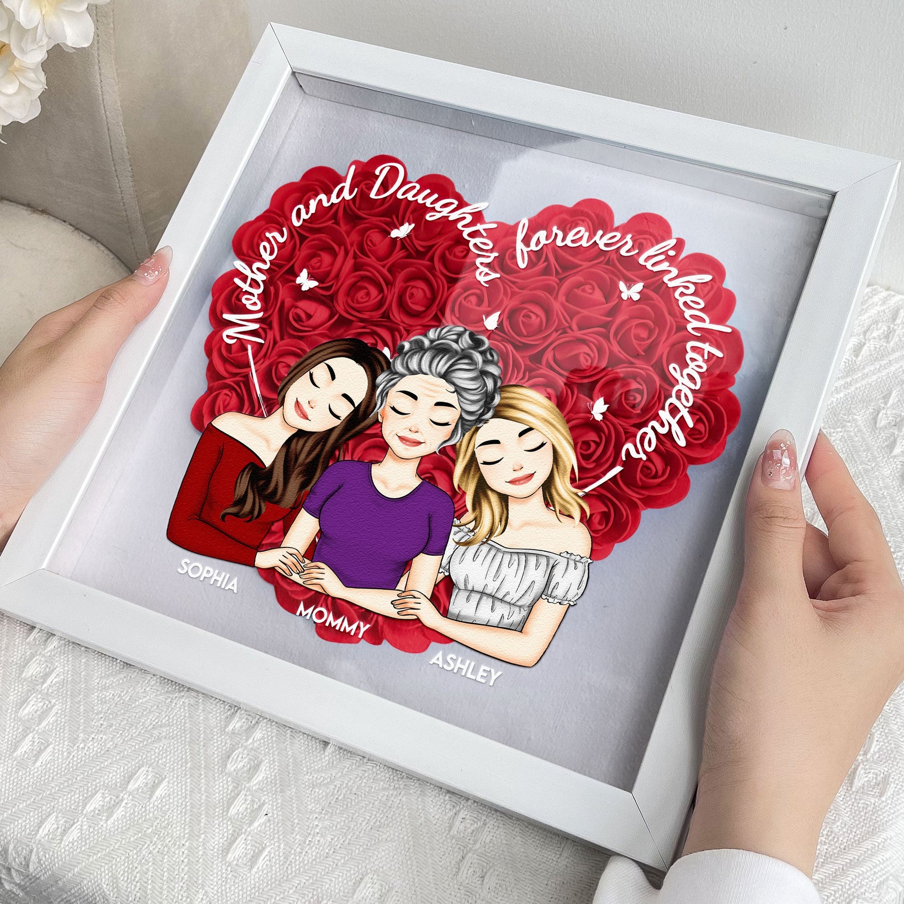 Mother Daughters Linked Together - Personalized Flower Shadow Box With LED Light