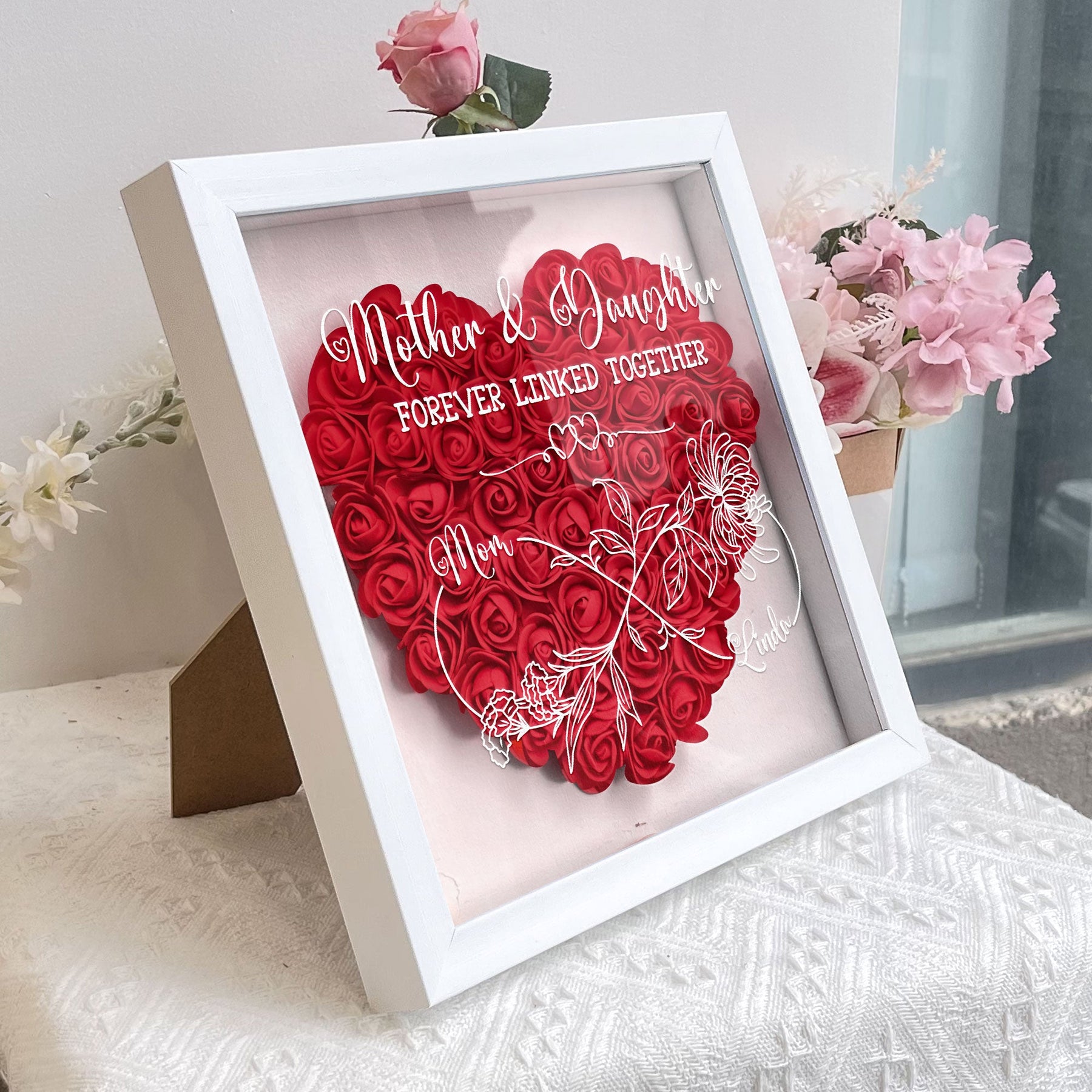 Mother & Daughter Forever Linked Together - Personalized Flower Shadow Box