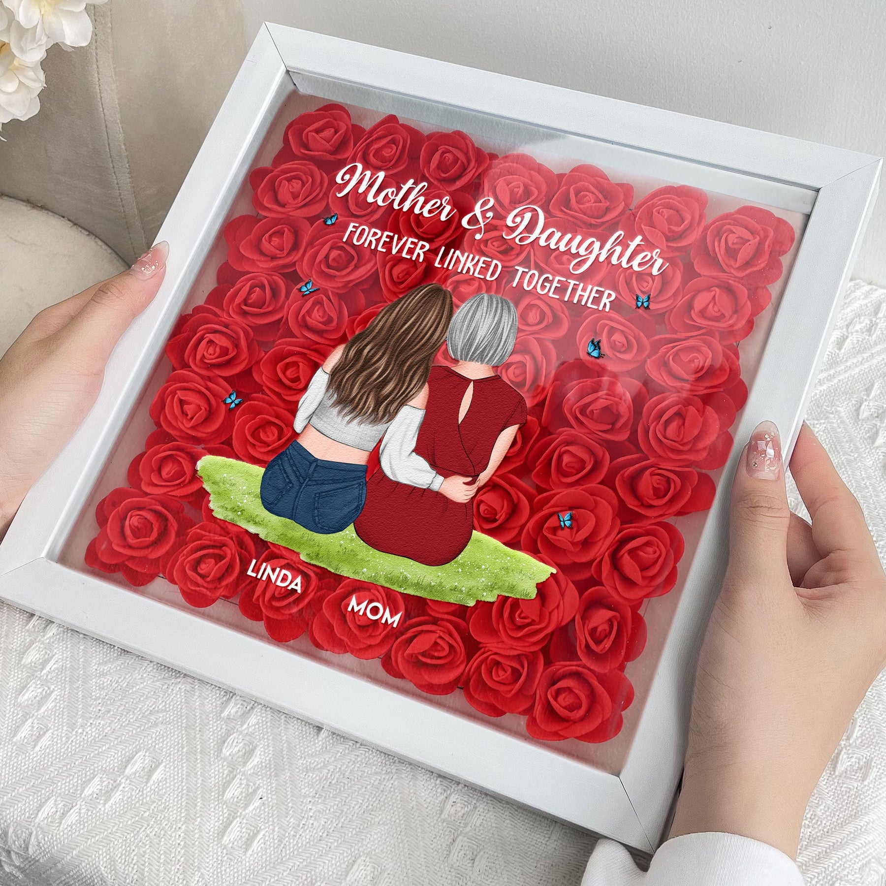 Mother & Daughter - Personalized Flower Shadow Box With LED Light