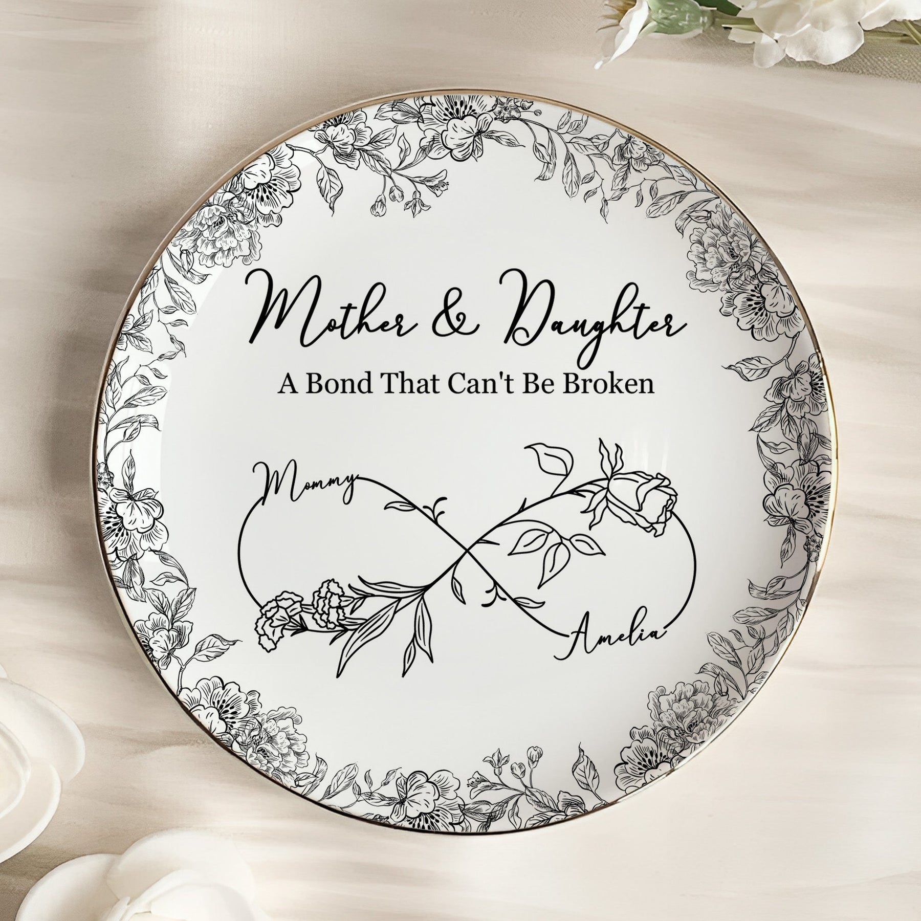 Mother & Daughter Forever Linked Together Toile De Jouy - Personalized Jewelry Dish