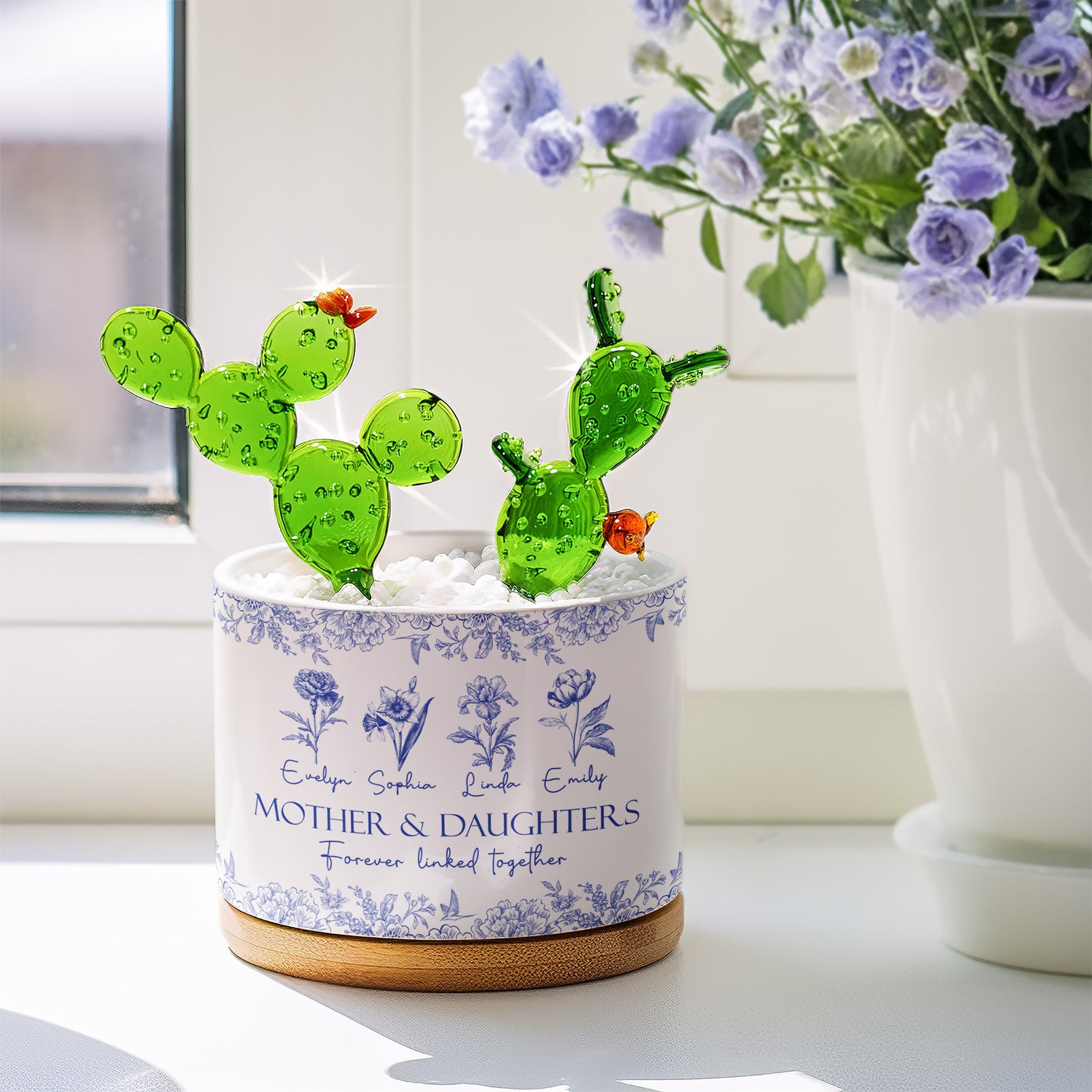 Mother & Daughters Forever Linked Together - Personalized Plant Pot With Glass Succulents