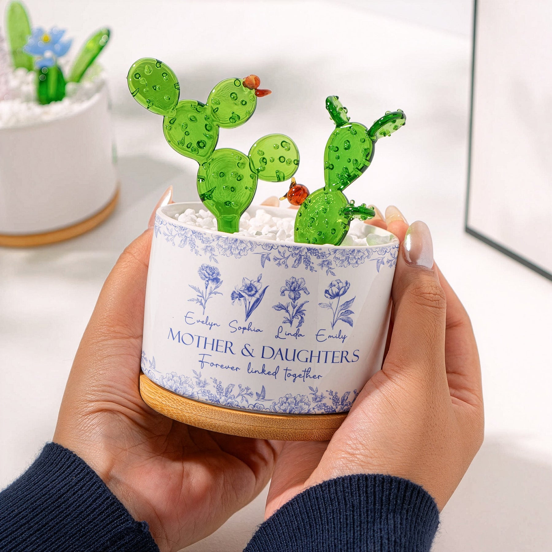 Mother & Daughters Forever Linked Together - Personalized Plant Pot With Glass Succulents