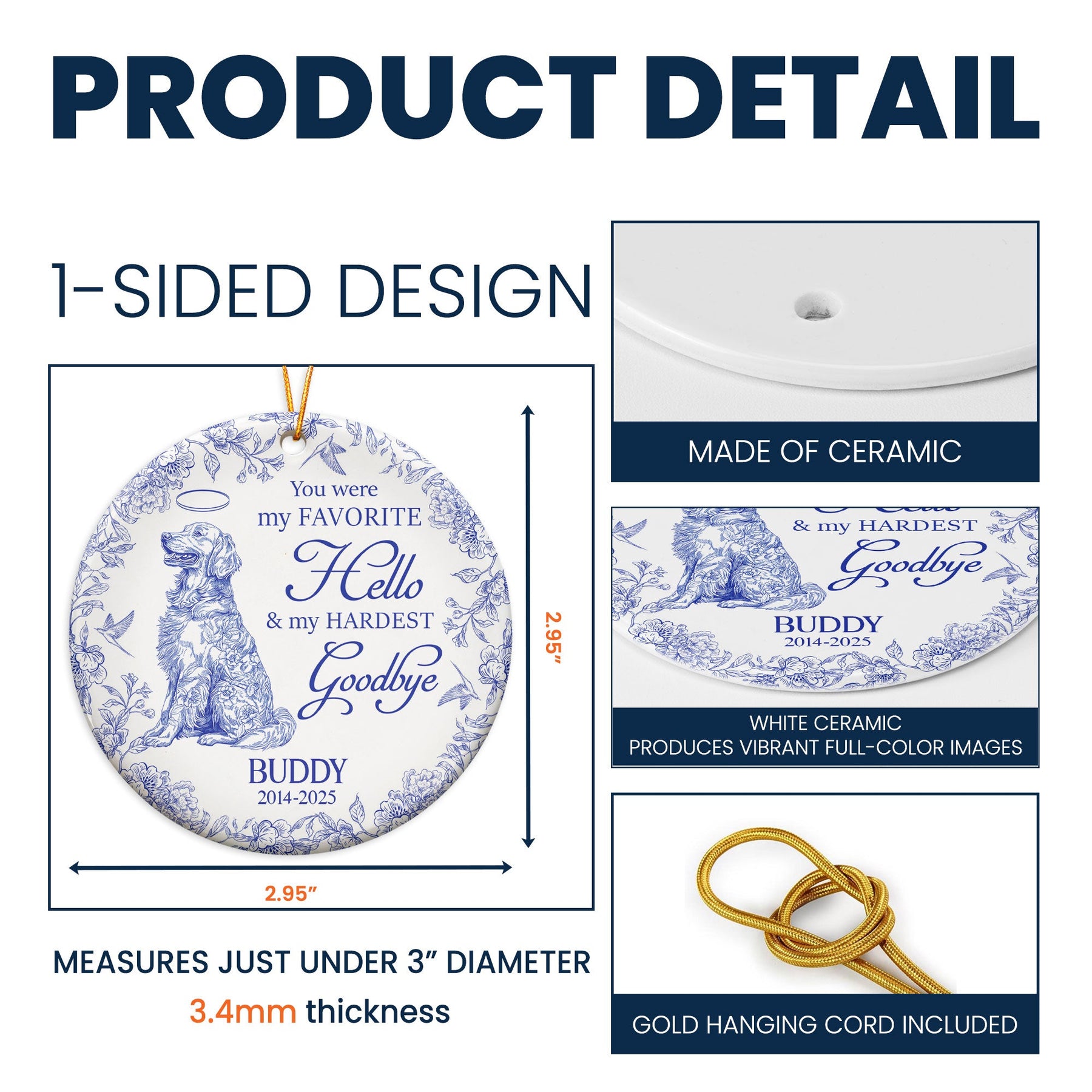 My Favorite Hello & Hardest Goodbye Toile De Jouy - Personalized Ceramic Ornament