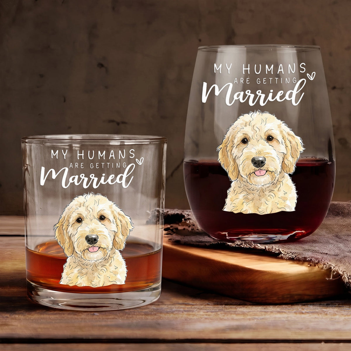 My Humans Are Getting Married Custom Pet Watercolor Wedding Engagement Gift For Couple - Personalized Whiskey Glass And Wine Glass Set