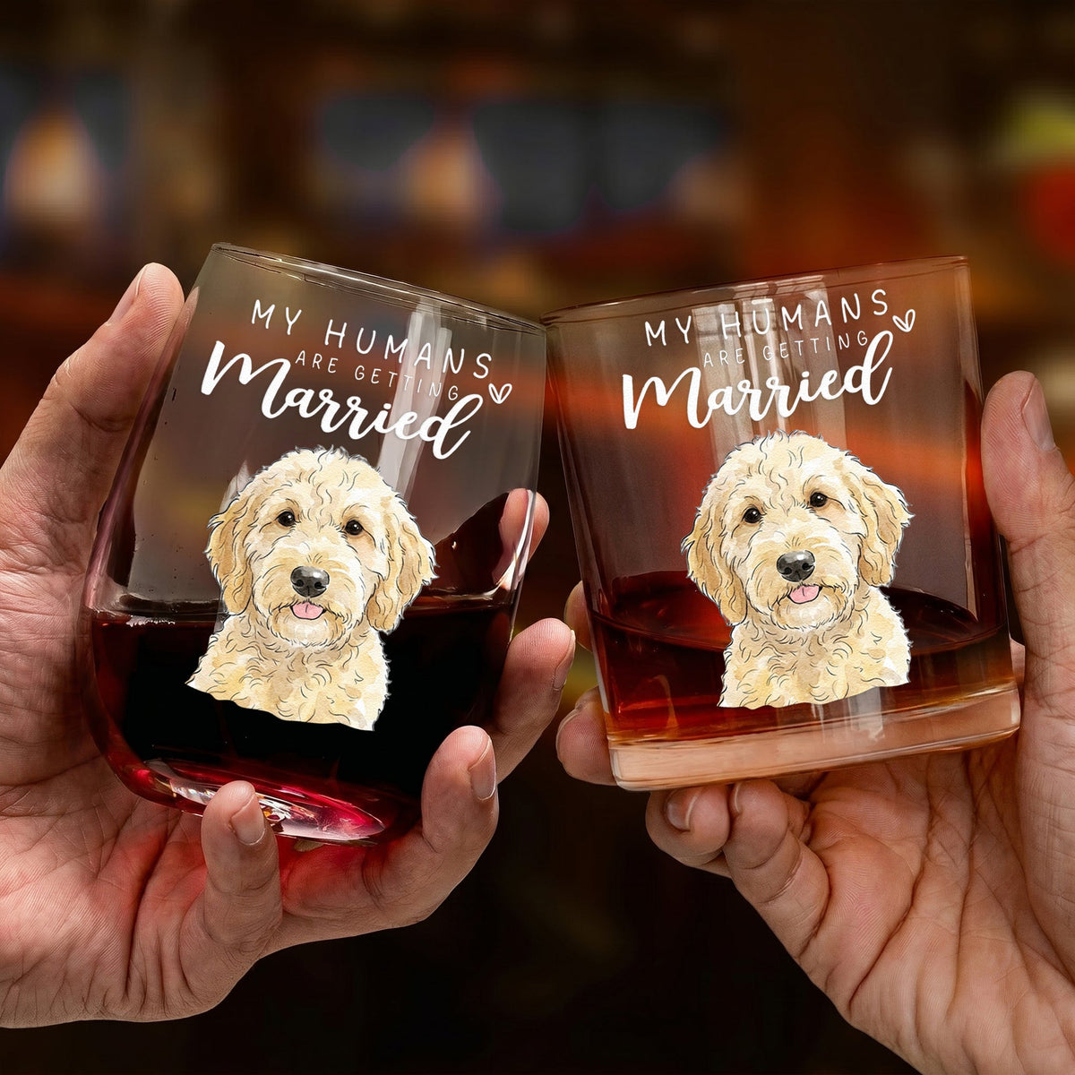 My Humans Are Getting Married Custom Pet Watercolor Wedding Engagement Gift For Couple - Personalized Whiskey Glass And Wine Glass Set