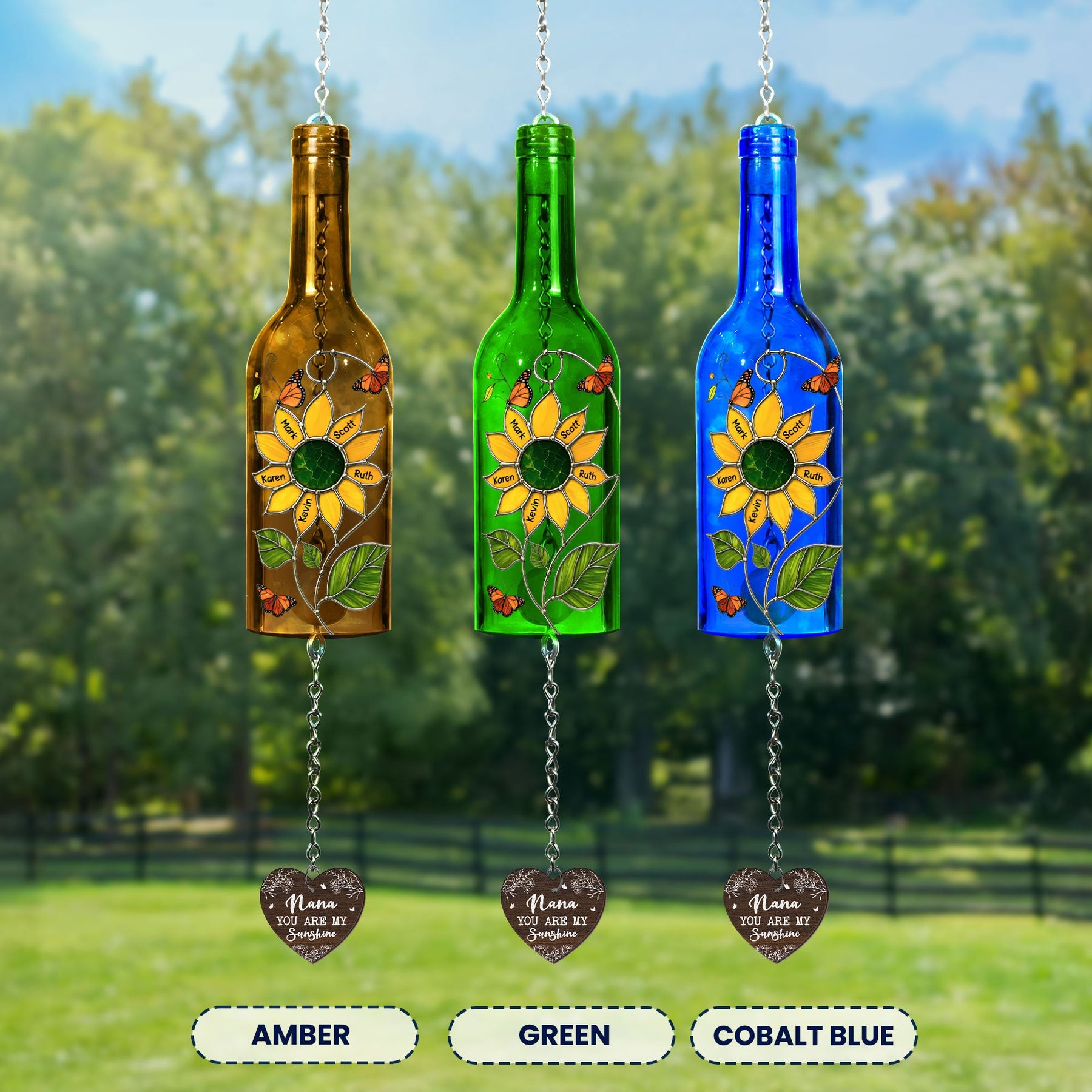 Nana You Are My Sunshine Kids Grandkids Names - Personalized Wine Bottle Wind Chime