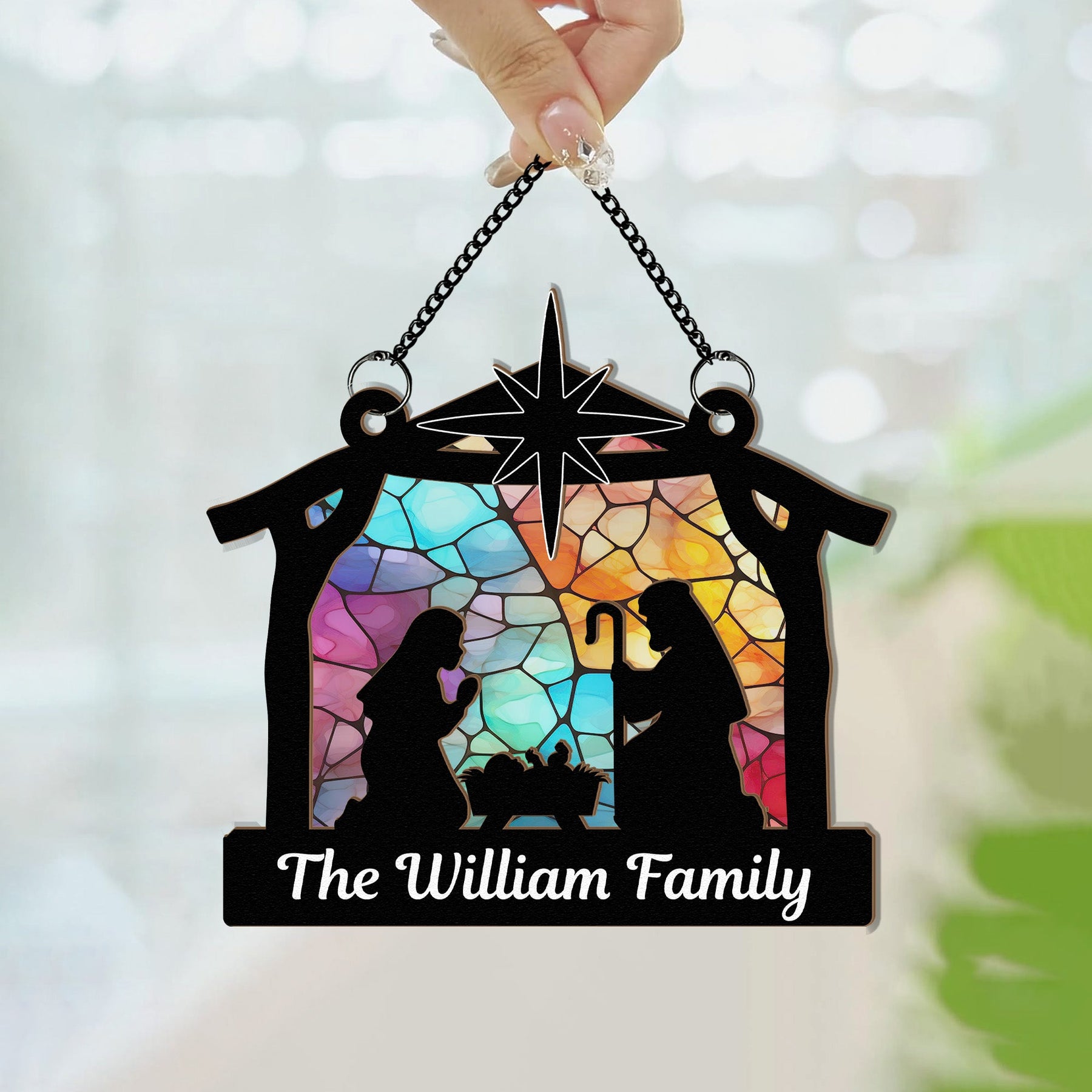 Nativity Scene Christmas Holy Night - Personalized Window Hanging Suncatcher Ornament