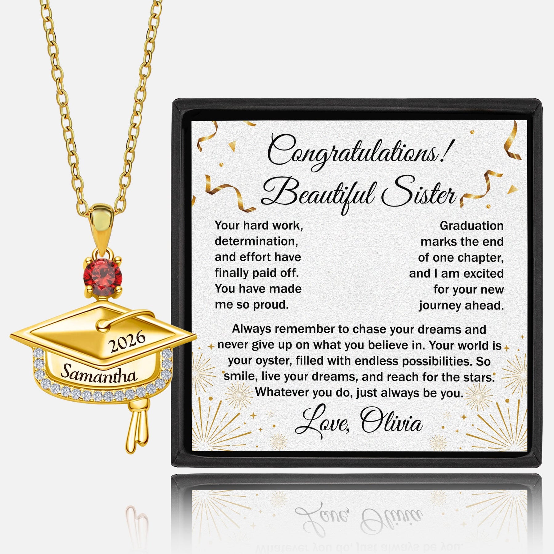Never Give Up - Personalized Graduation Cap Pendant Necklace With Birthstone