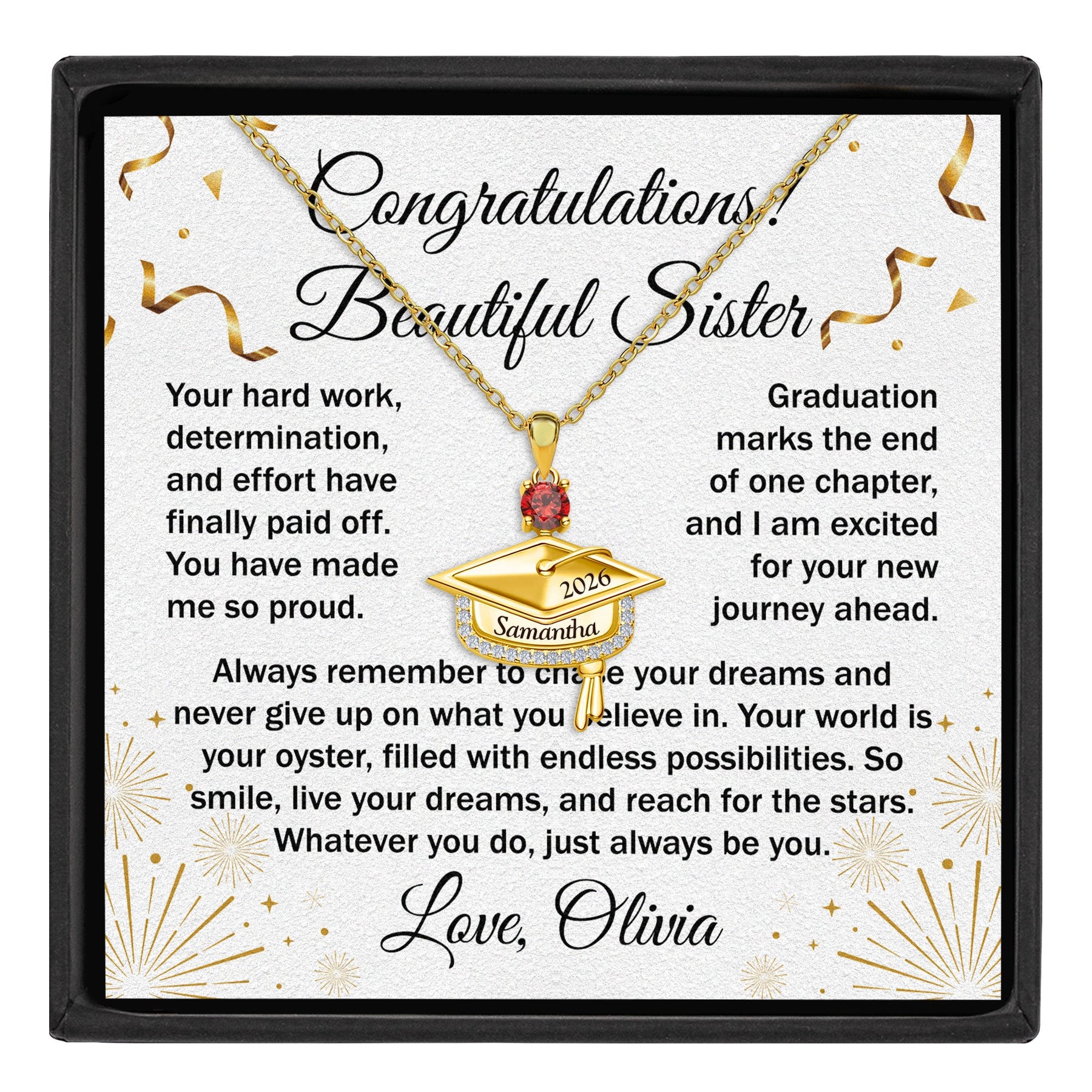 Never Give Up - Personalized Graduation Cap Pendant Necklace With Birthstone