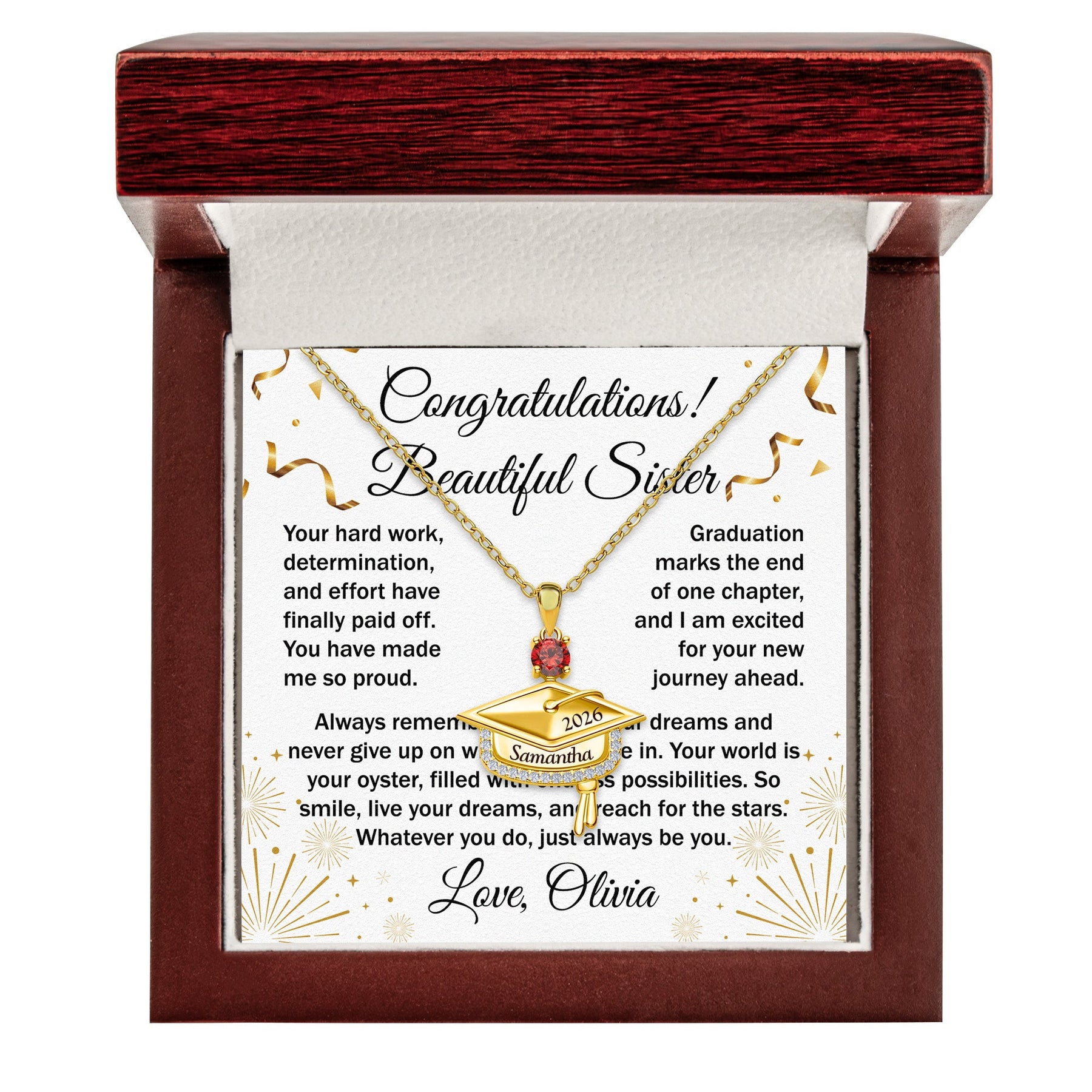 Never Give Up - Personalized Graduation Cap Pendant Necklace With Birthstone