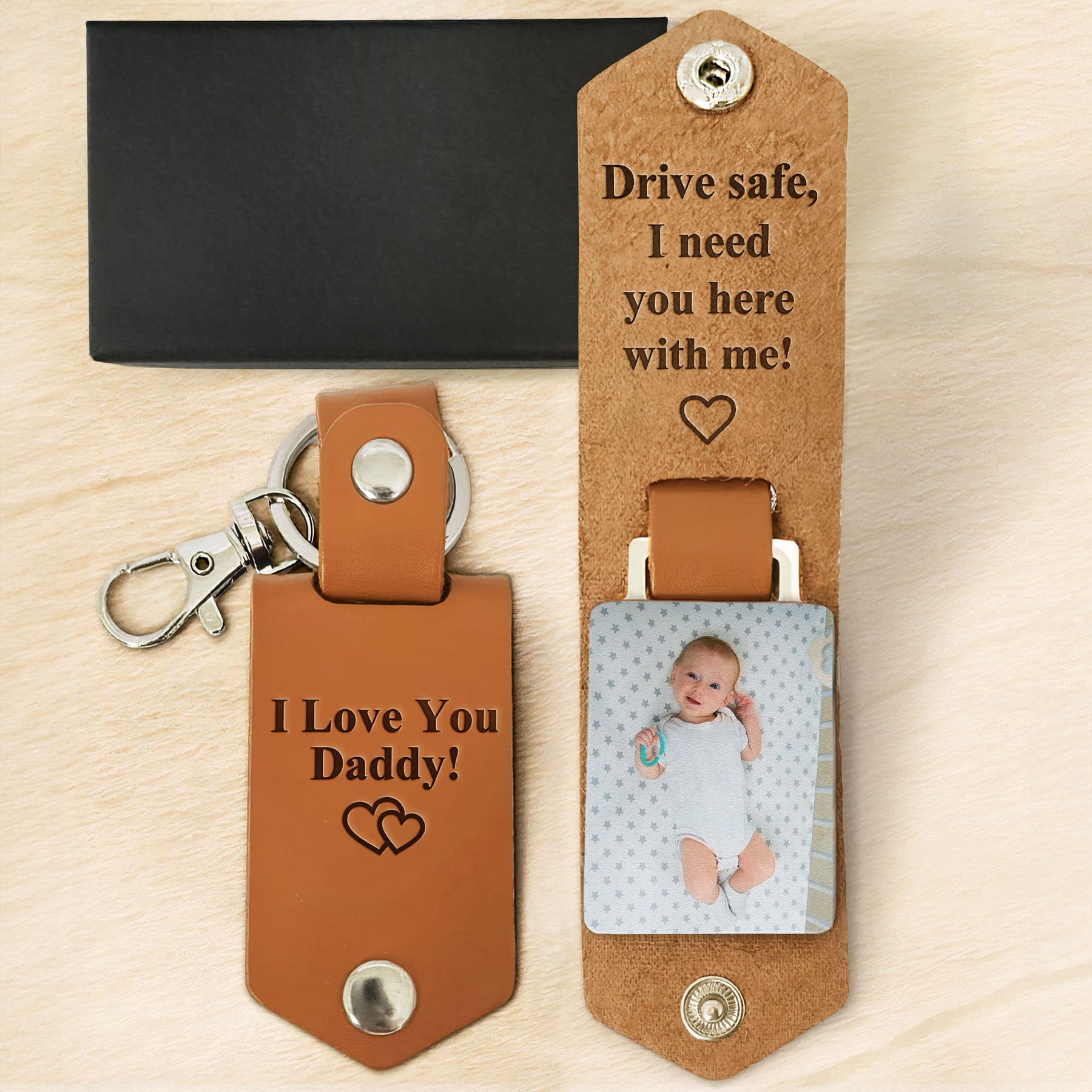New Dad Gift Drive Safe I Need You Here With Me - Personalized Leather Photo Keychain