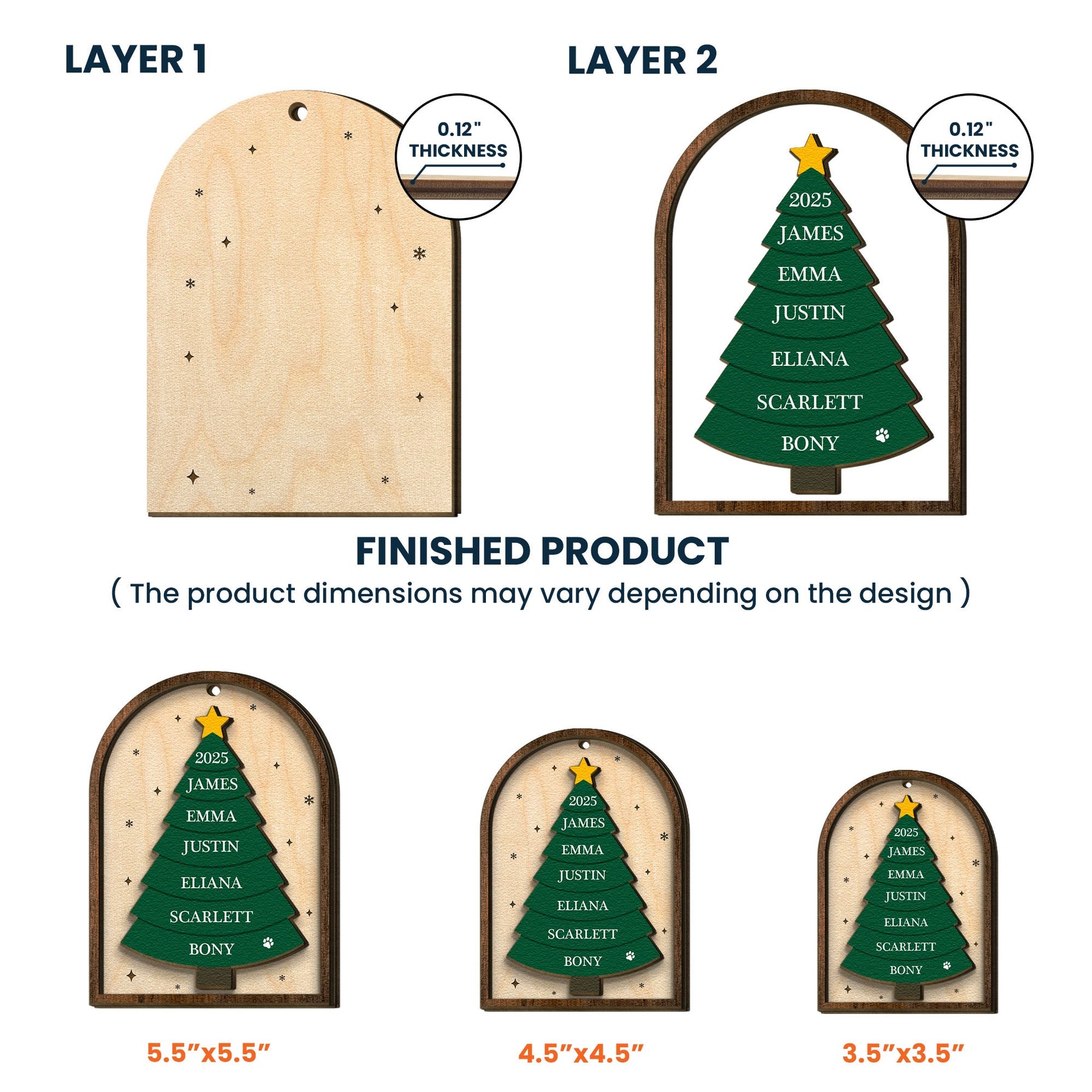 Our Family Christmas Tree Name 2 Layers Christmas Ornament - Personalized Wooden Ornament