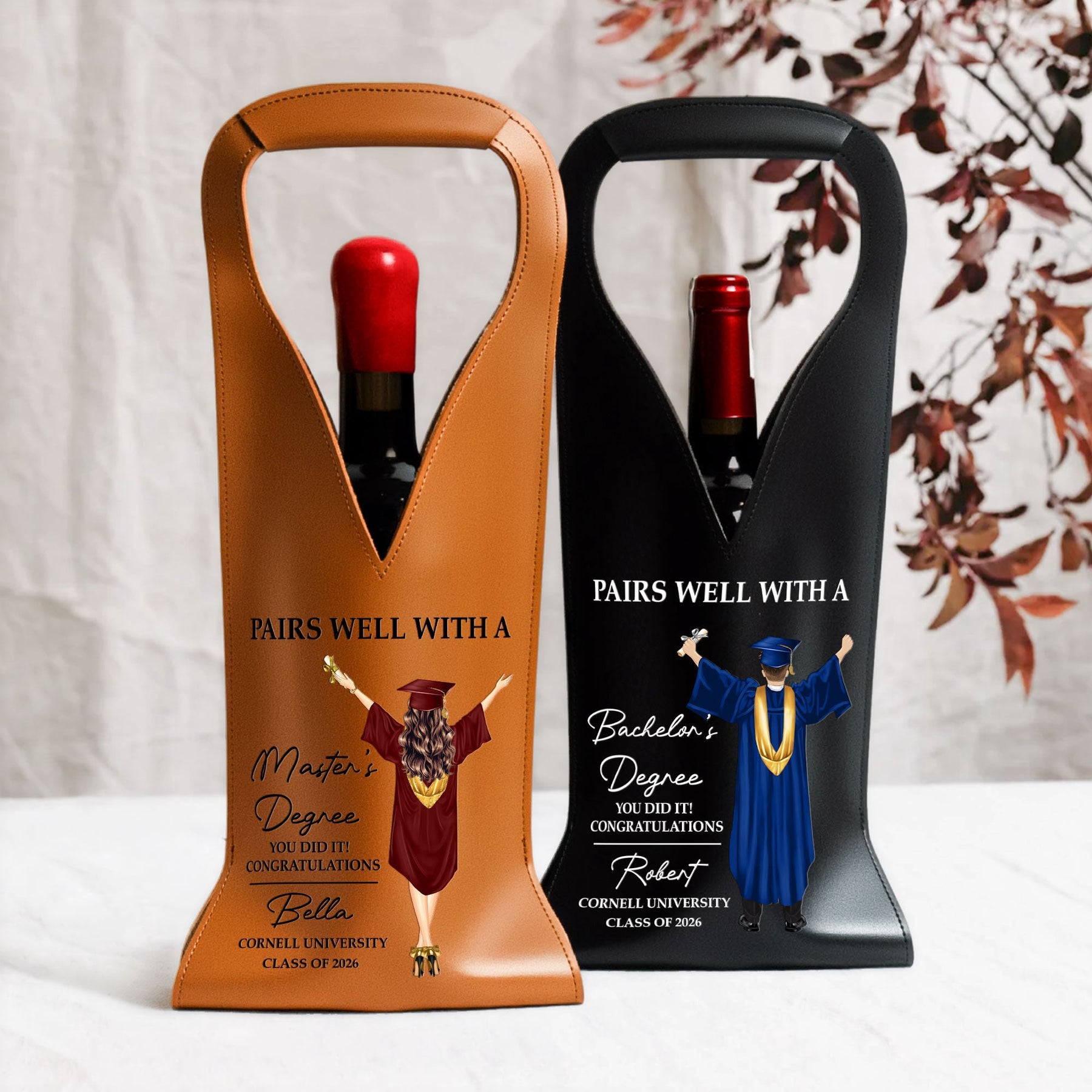 Pairs Well With A Degree You Did It! - Graduation Gifts For Wine Lovers - Personalized Leather Wine Bag