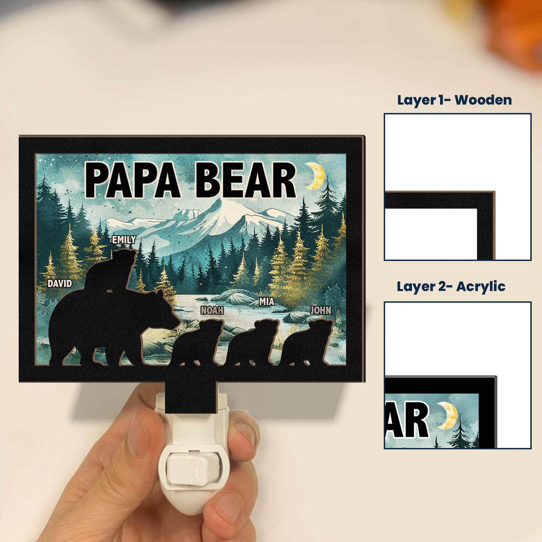 Papa Bear - Personalized Wood And Acrylic Night Light