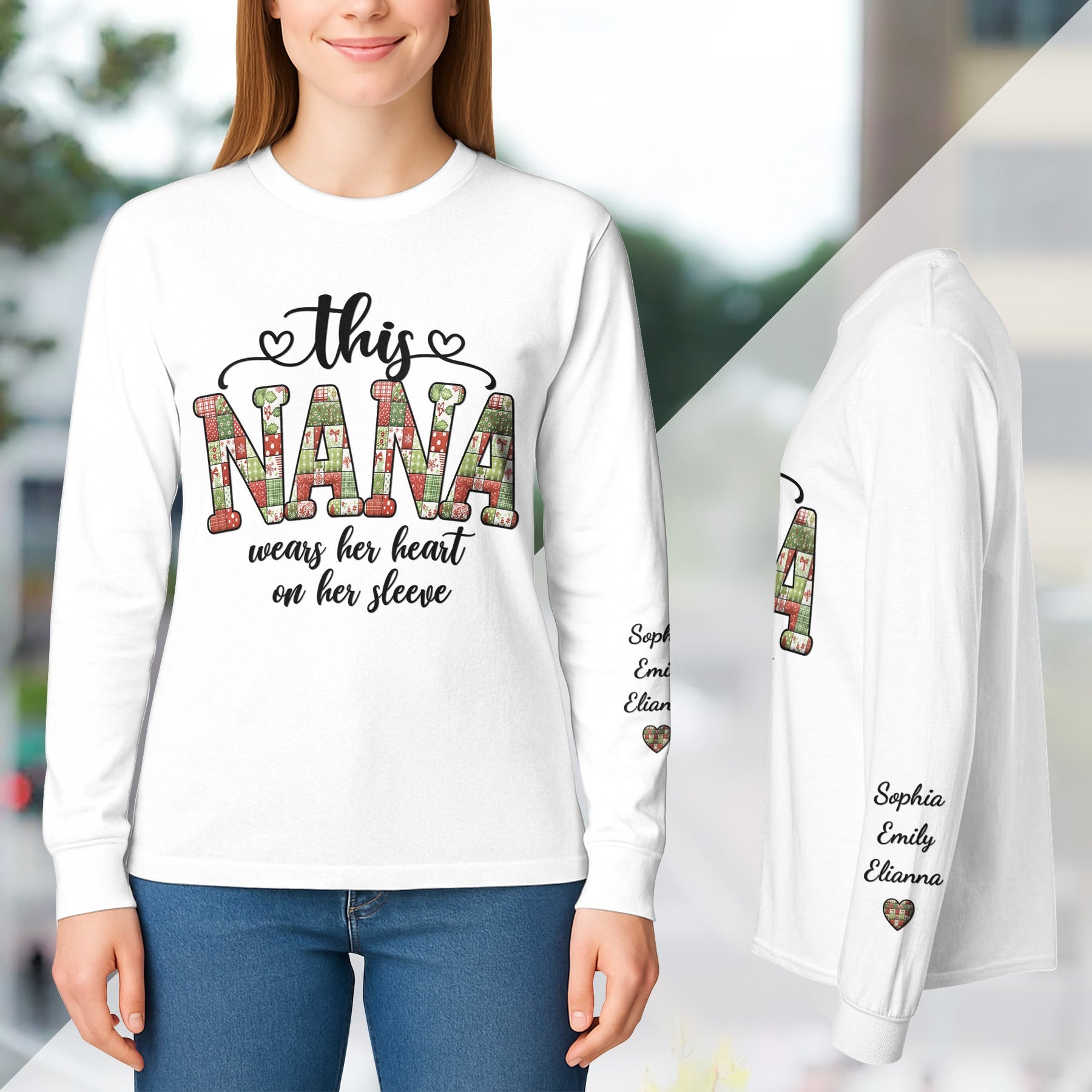 Patchwork Style This Grandma Wears Her Heart - Custom Long Sleeve T-Shirt