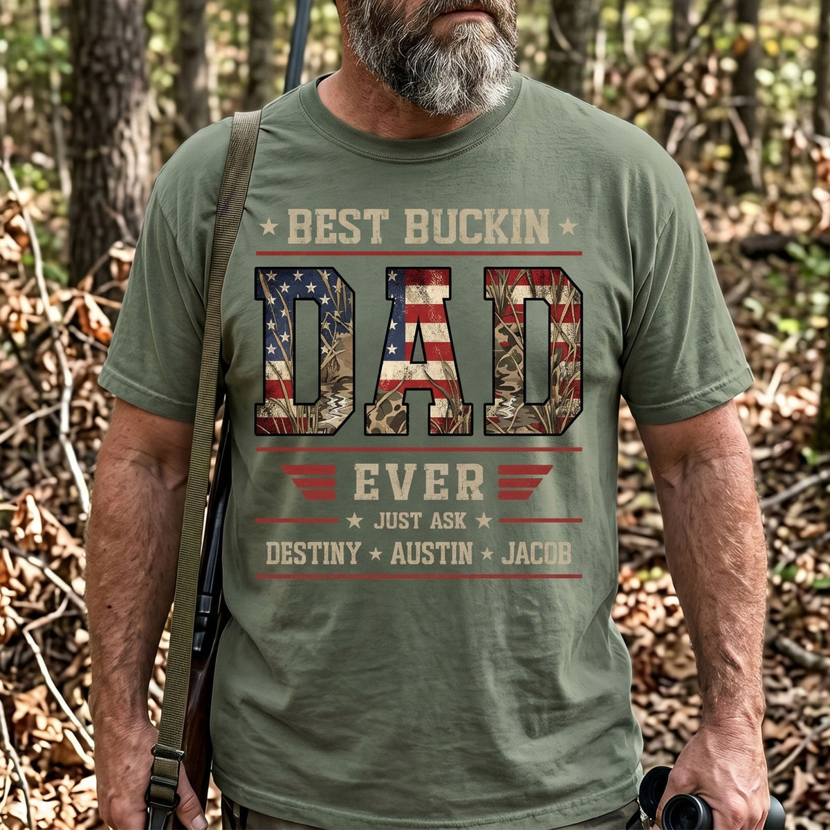 Patriotic Hunting Dad Best Buckin Dad Ever - Personalized Shirt
