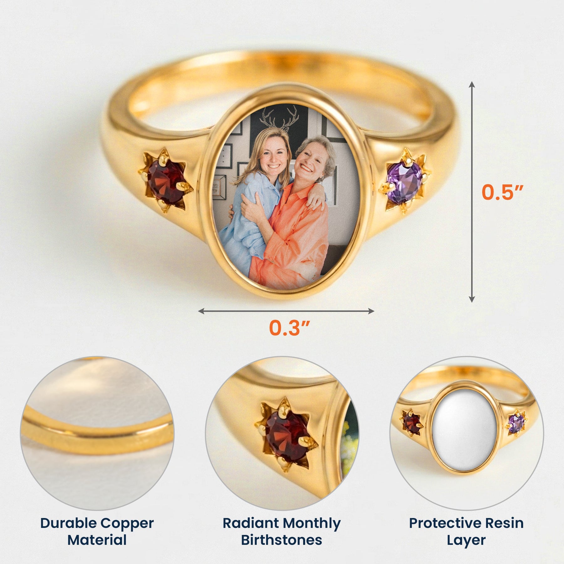 Photo Ring With 2 Birthstones Mother's Day Gift For Mom - Personalized Ring