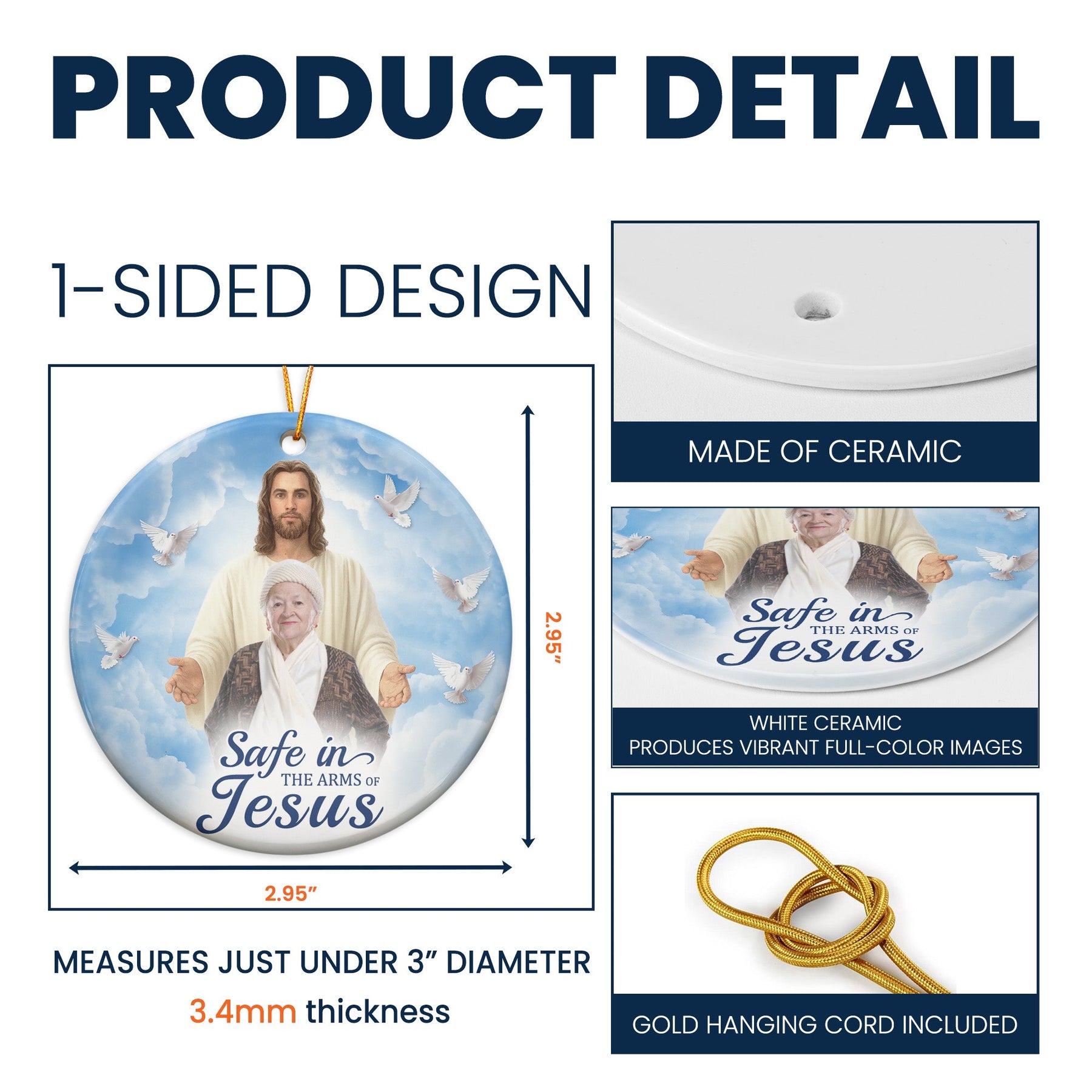 Safe In The Arms Of Jesus Memorial Christmas Ornament - Personalized Ceramic Photo Ornament