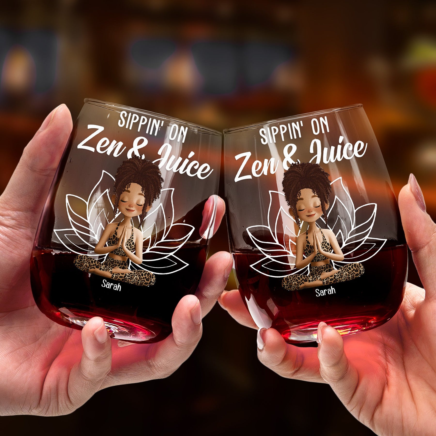 Sippin On Zen And Juice Yoga Lovers Namaste - Personalized Stemless Wine Glass