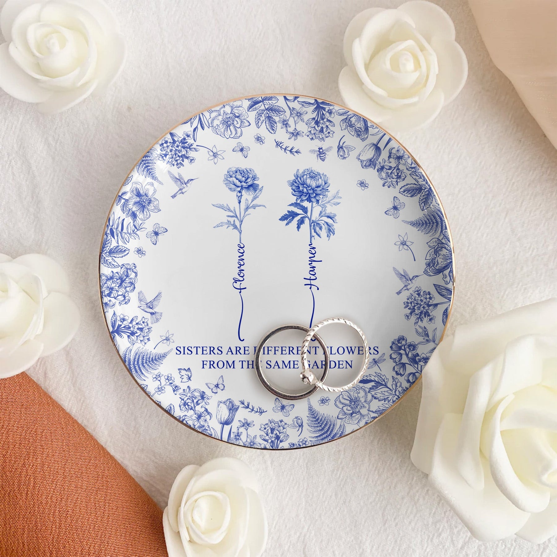 Sisters Are Different Flowers From The Same Garden New Ver - Personalized Jewelry Dish, Gift For Friend
