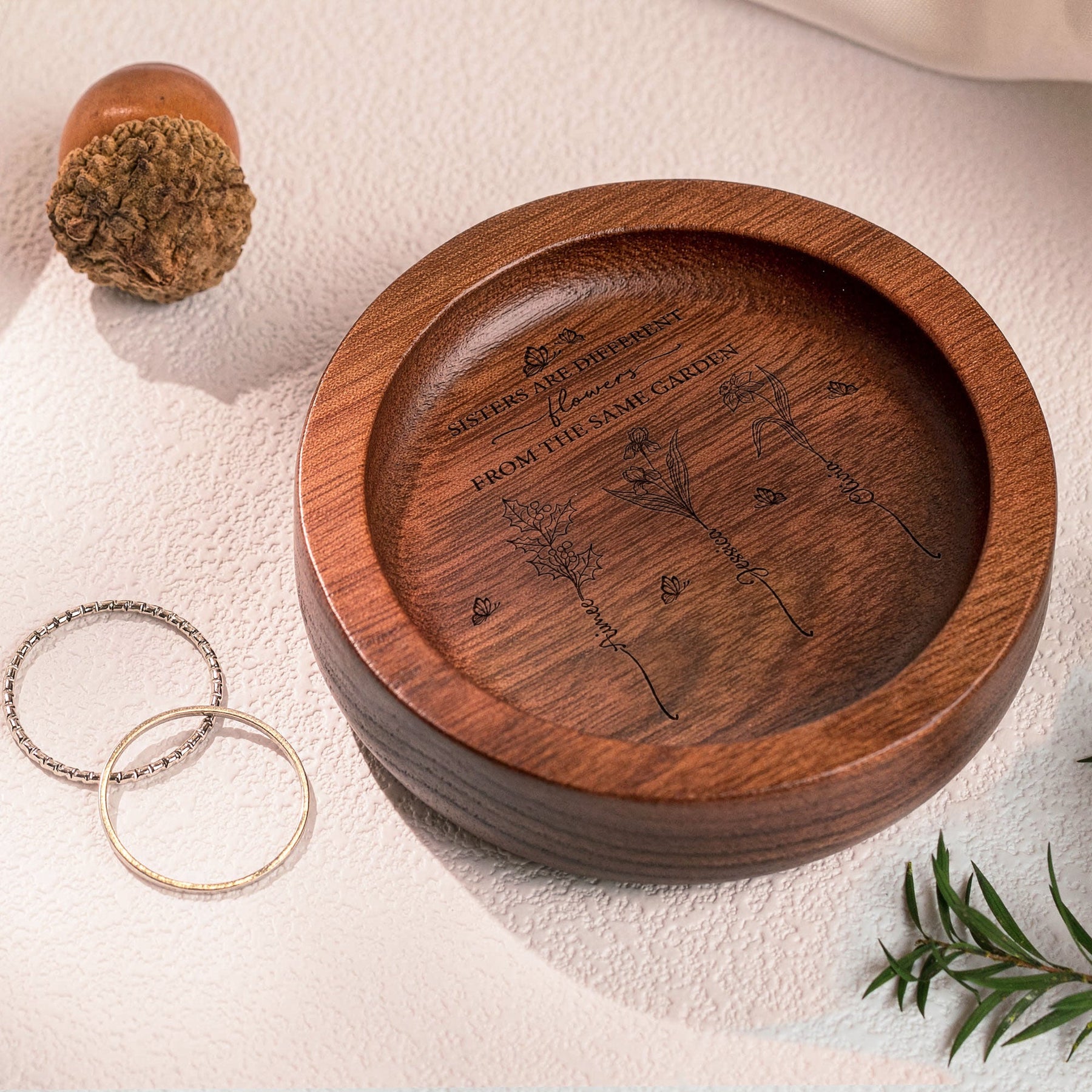 Sisters Are Different Flowers From The Same Garden - Personalized Wood Ring Dish