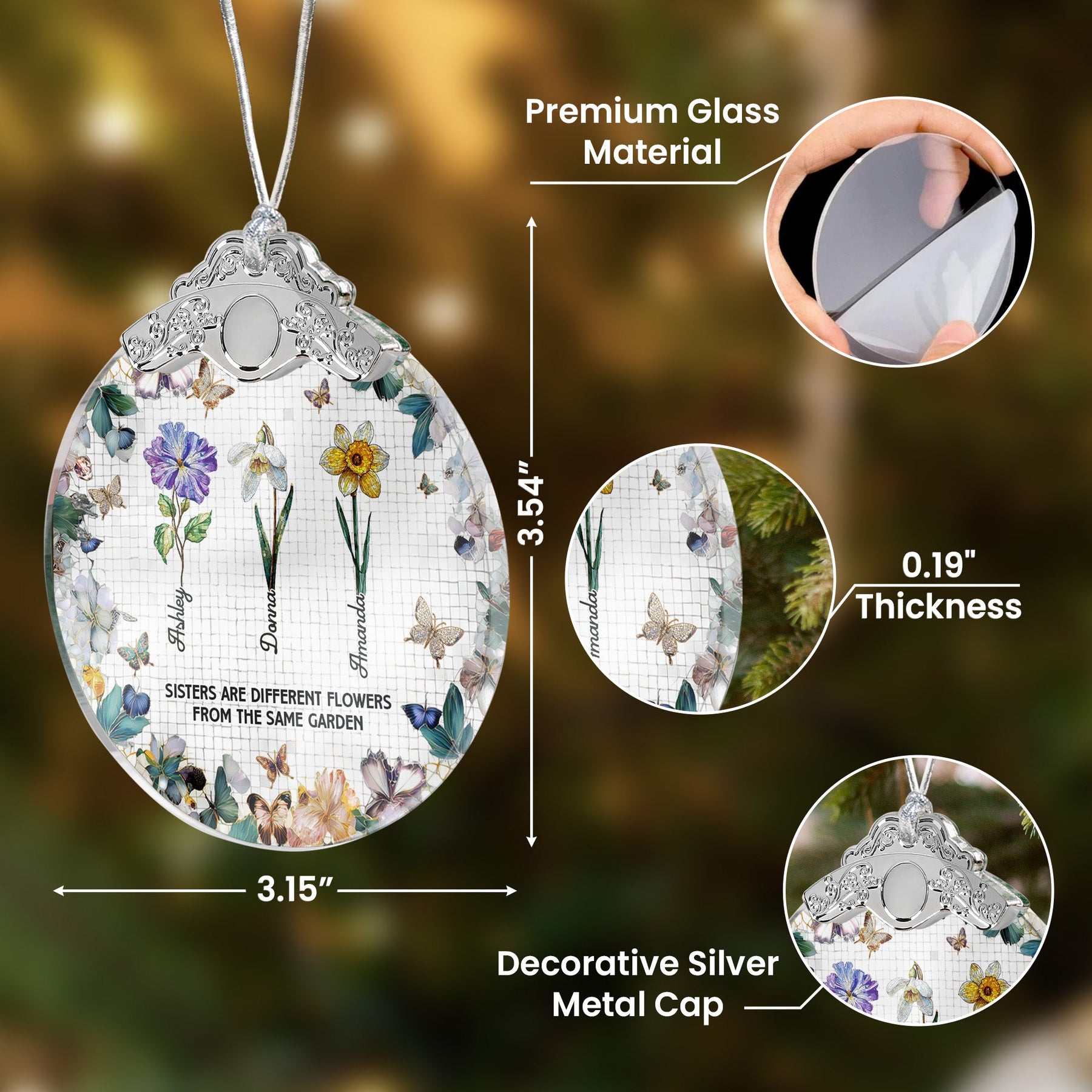 Sisters Are Different Flowers Mosaic Style - Personalized Glass Ornament With Silver Cap