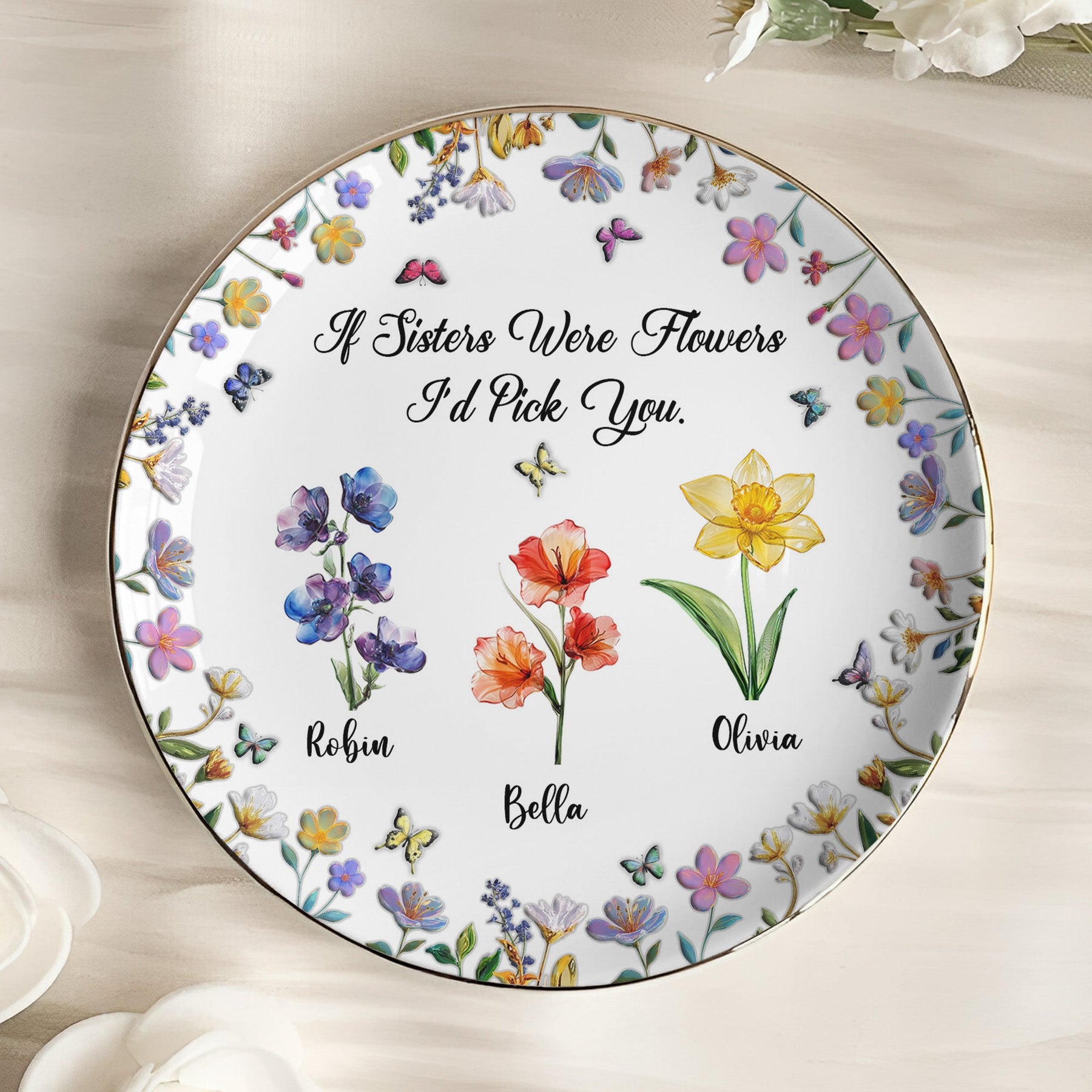 Sisters Are Different Flowers From The Same Garden Glass Birth Flowers - Personalized Jewelry Dish