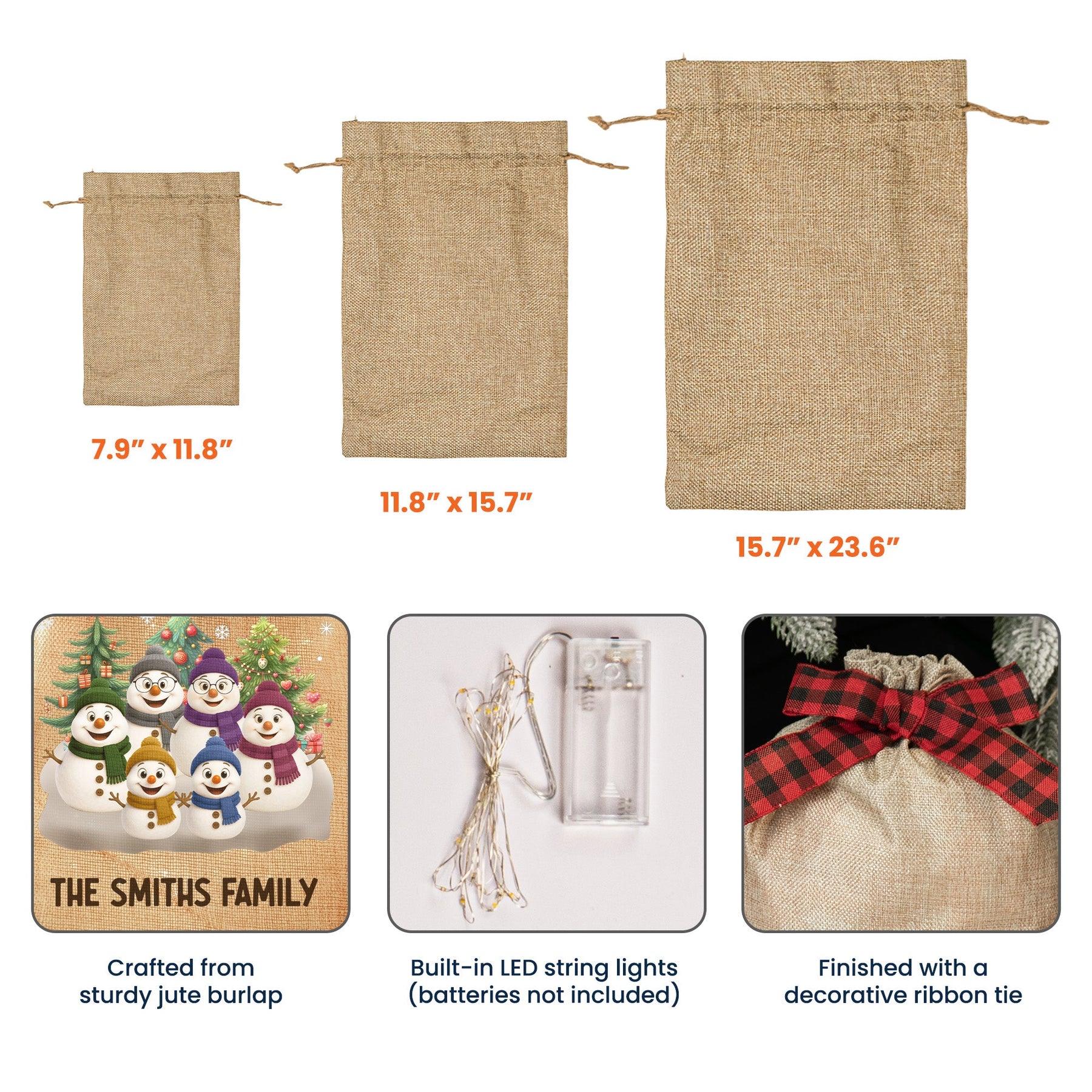 Snowman Family Christmas Love - Personalized Lighted Burlap Sack