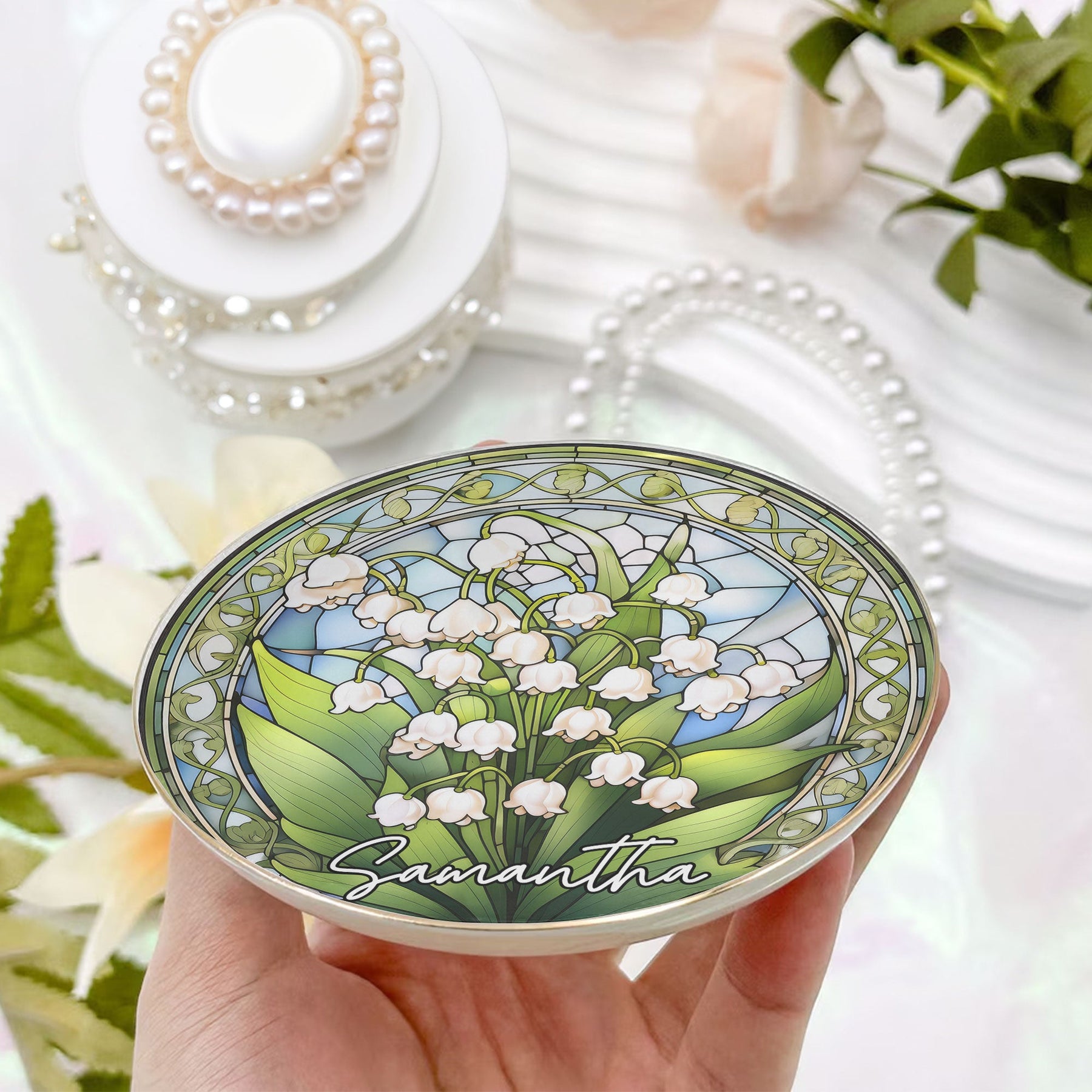 Stained Glass Style Custom Birth Month Flowers - Personalized Jewelry Dish