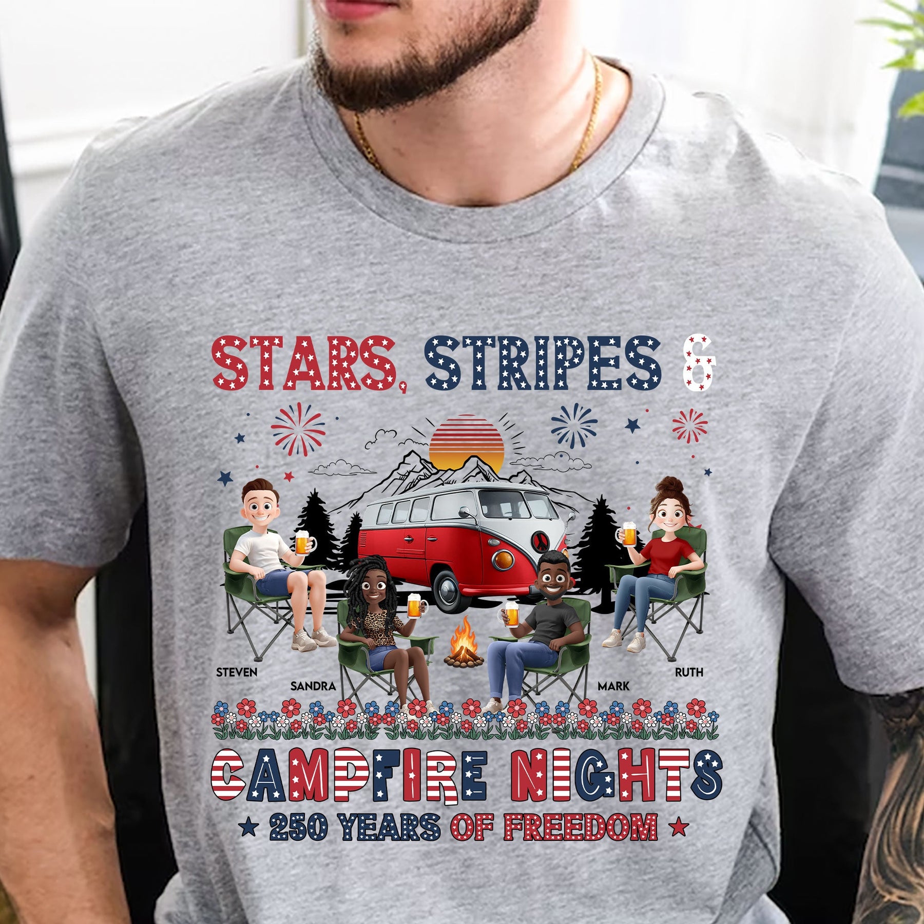 Stars Stripes & Campfire Nights 250 Years Of Freedom Camping Crew - Personalized Shirt