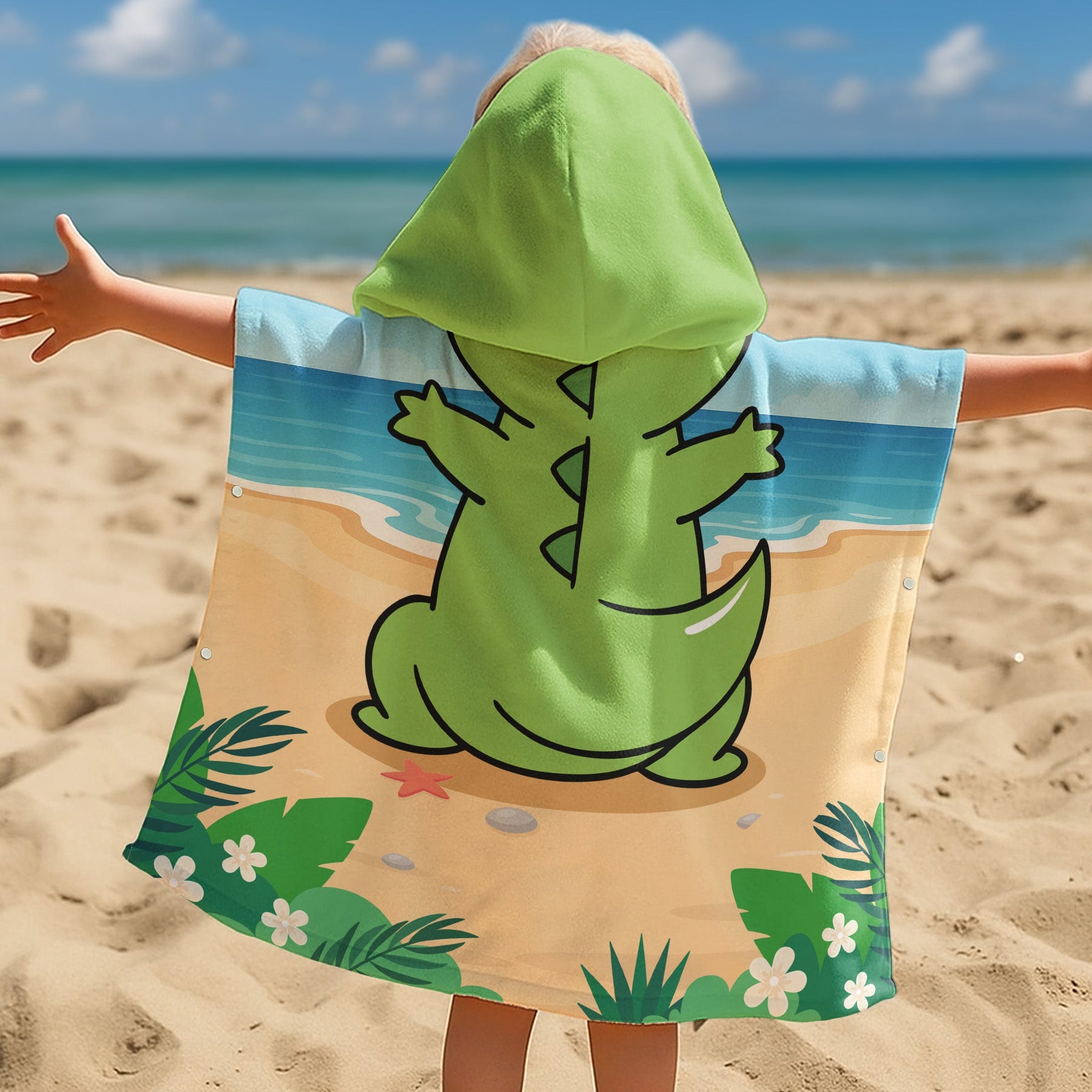 T-Rex, Dinosaur On The Beach - Personalized Kids Hooded Towel