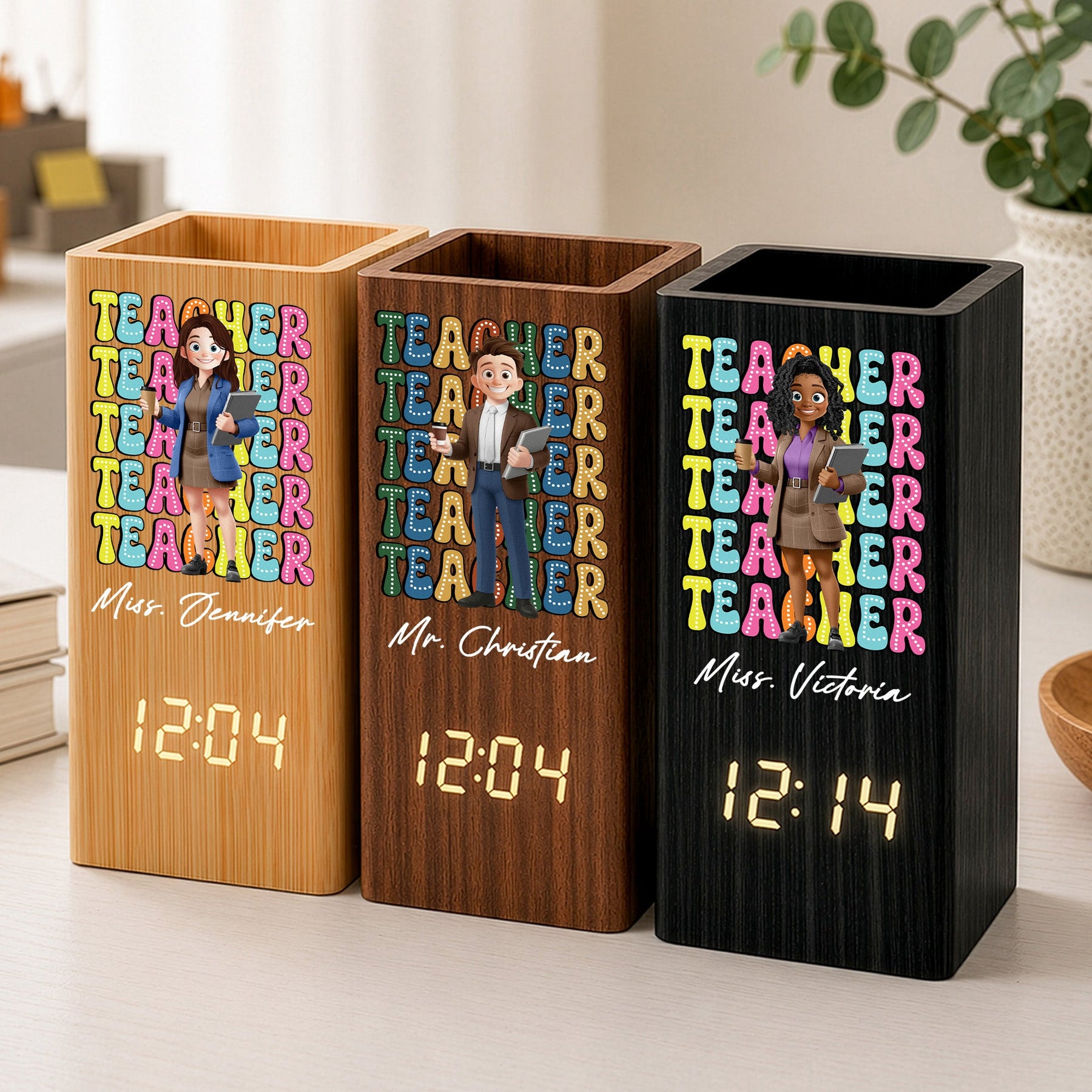 Teacher Cartoon Version - Personalized Pen Holder With Clock