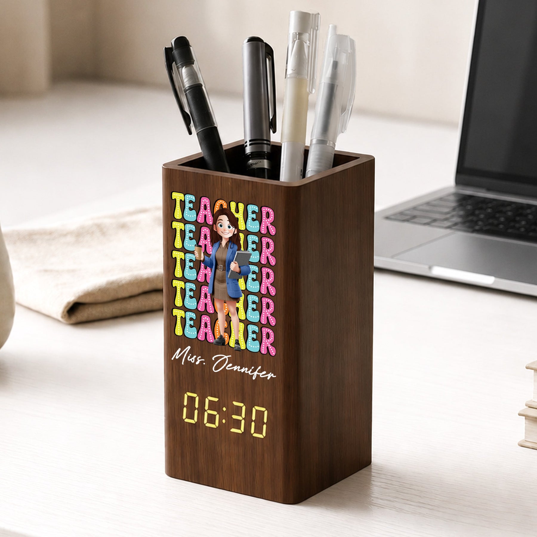 Teacher Cartoon Version - Personalized Pen Holder With Clock