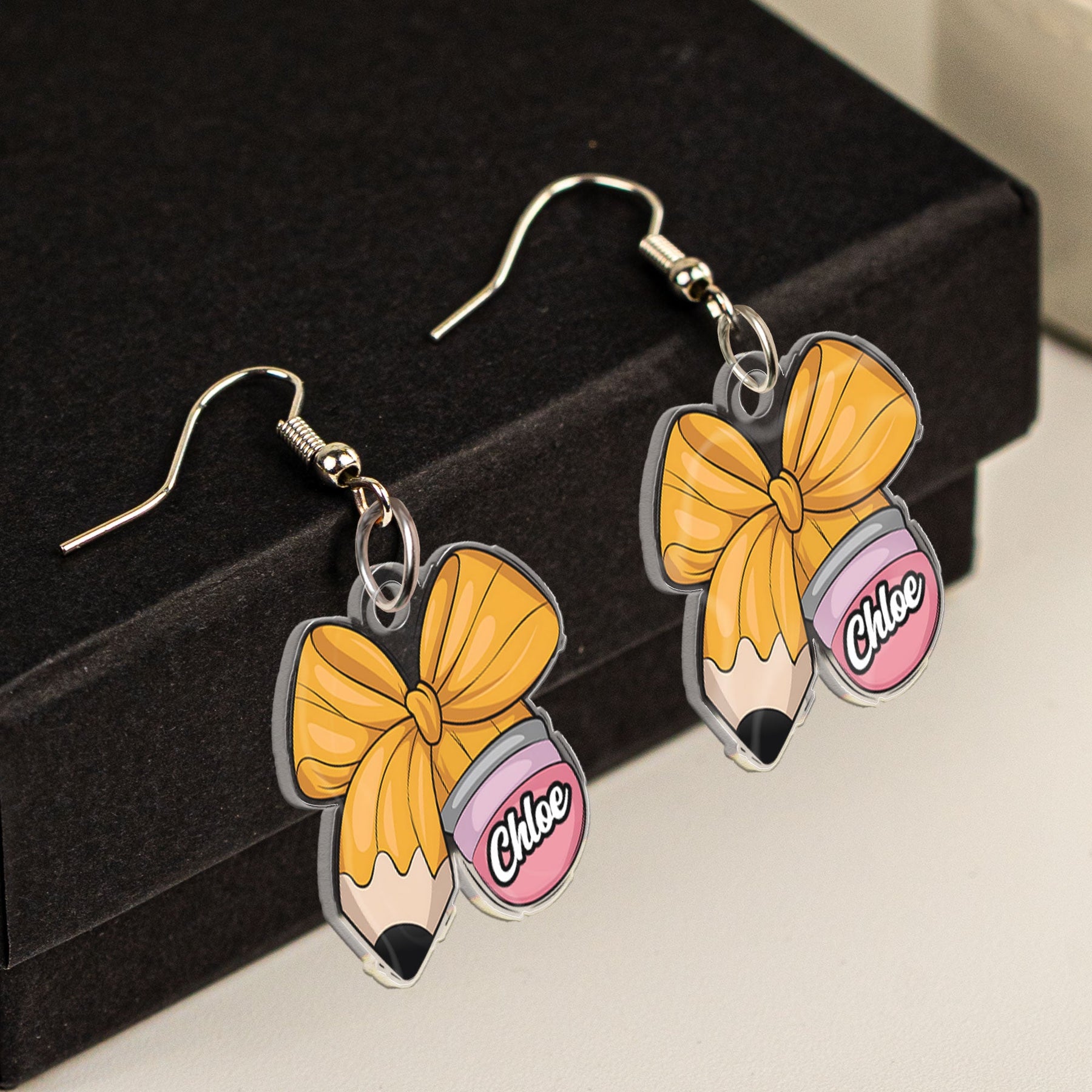 Teacher Gift Custom Name Pencil Crayon Bow - Personalized Acrylic Earrings