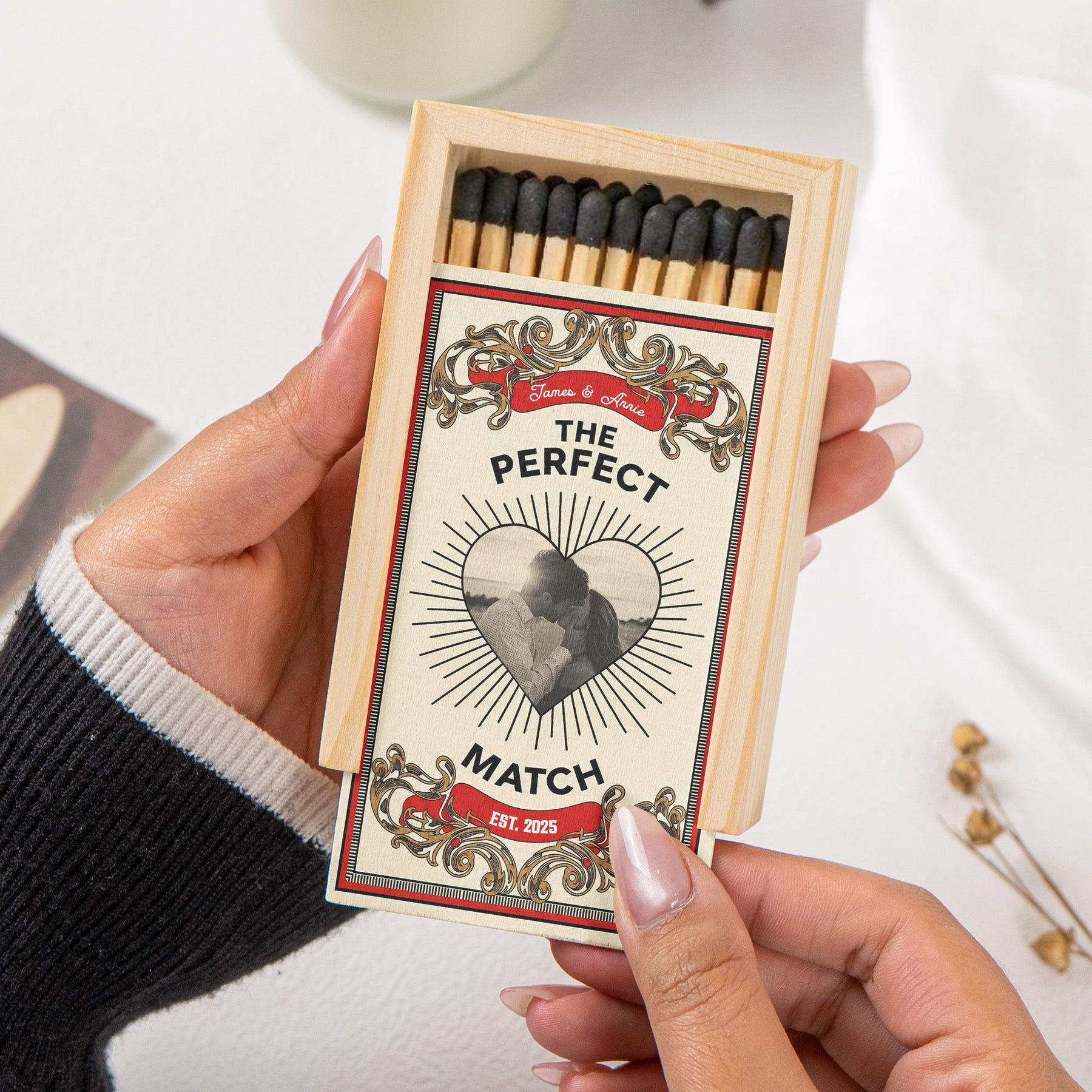 The Perfect Match - Couple Anniversary Gifts, Valentine's Day Gifts - Personalized Wooden Photo Matchbox
