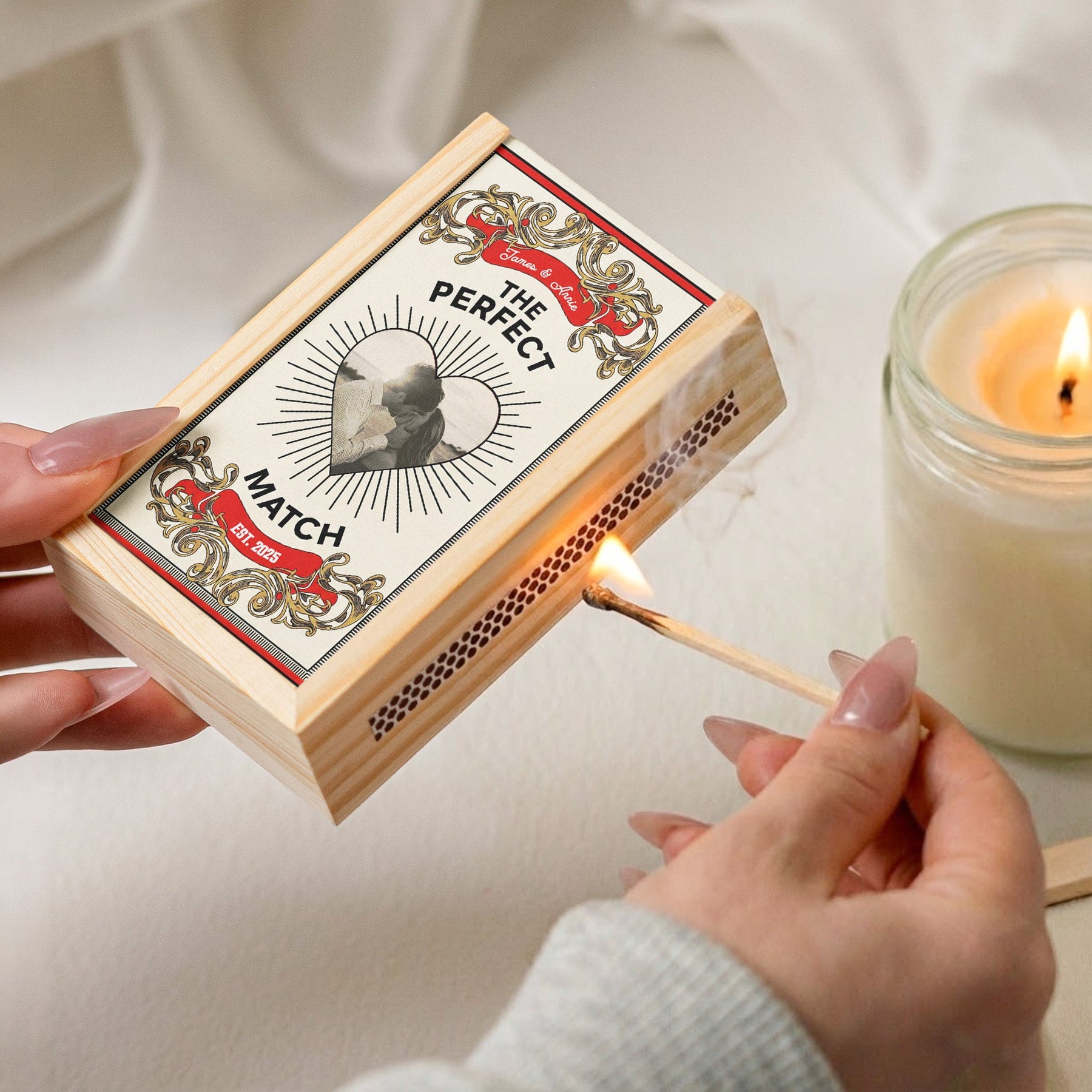 The Perfect Match - Couple Anniversary Gifts, Valentine's Day Gifts - Personalized Wooden Photo Matchbox