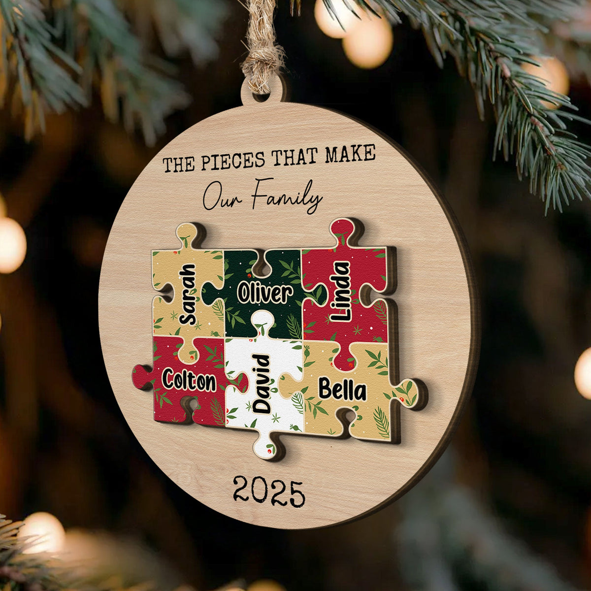 The Pieces That Make Our Family Christmas 2 Layers Ornament - Personalized Wooden Ornament