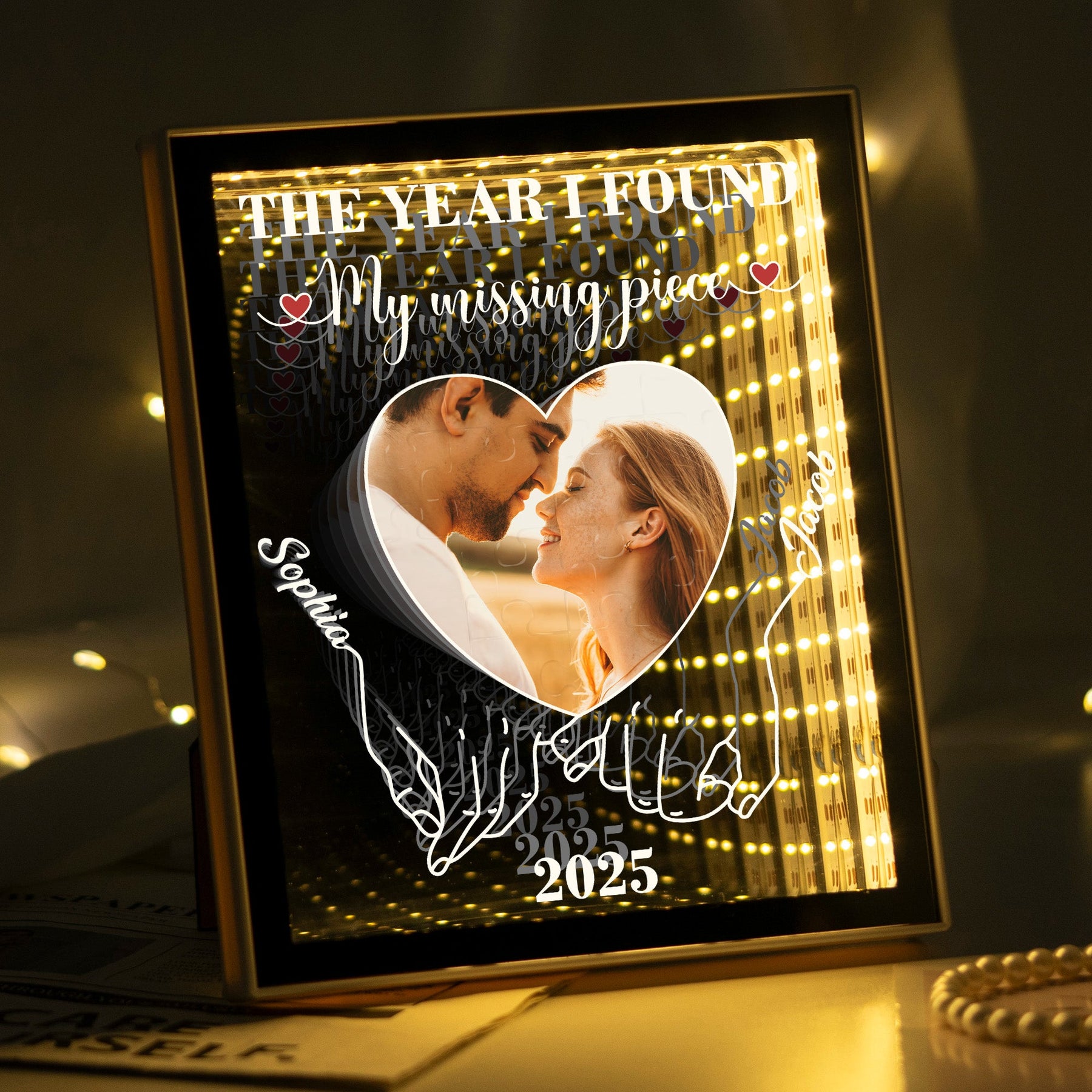 The Year I Found My Missing Piece Anniversary Valentine's Day Gift - Personalized Photo Infinity Mirror Light Box