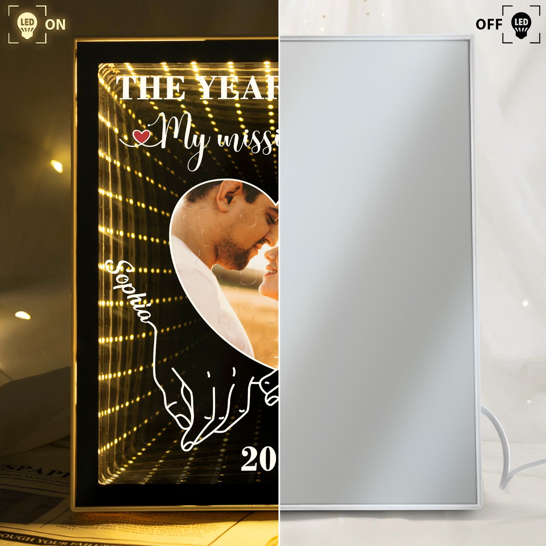 The Year I Found My Missing Piece Anniversary Valentine's Day Gift - Personalized Photo Infinity Mirror Light Box