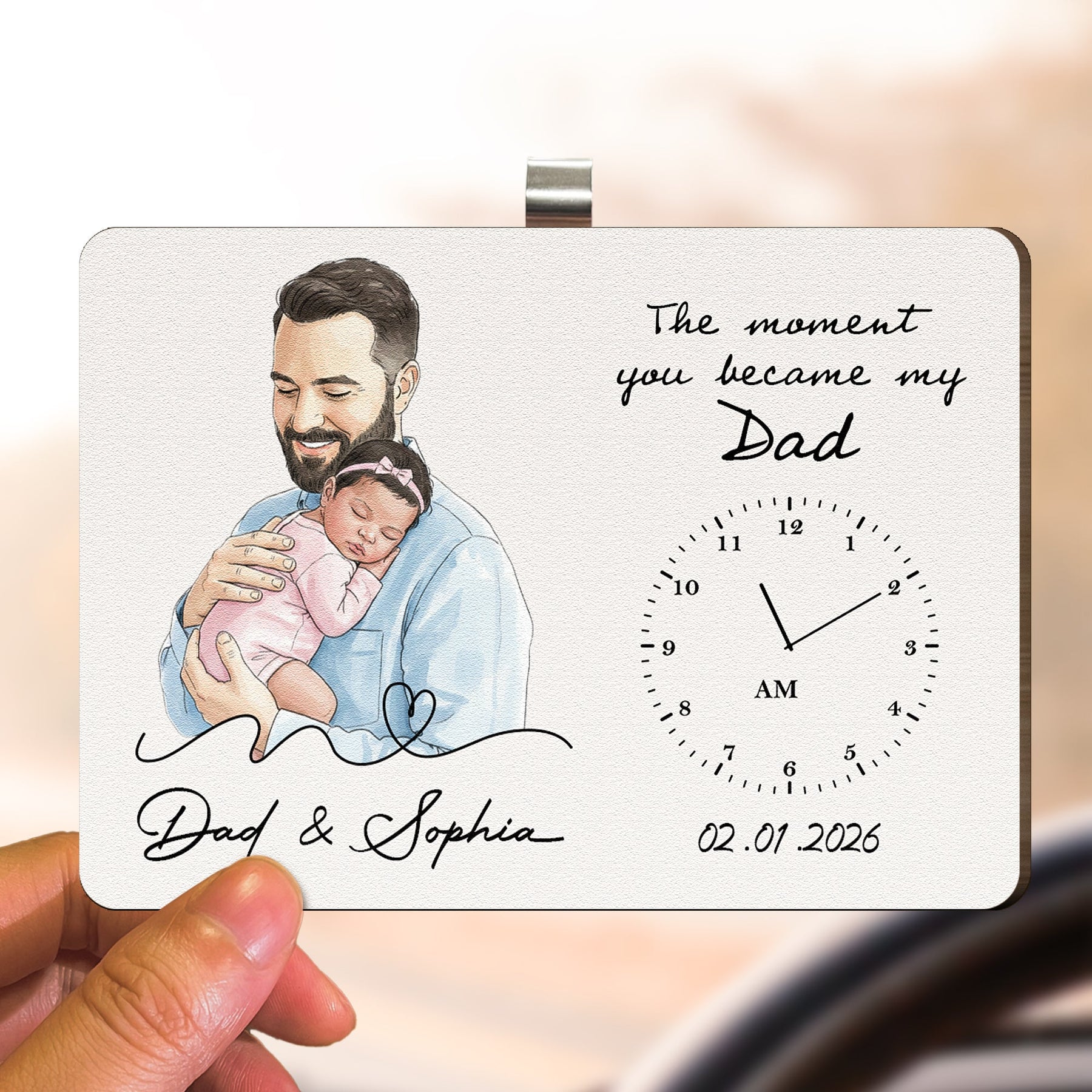 The Moment You Became My Dad Custom Photo Watercolor Father's Day Gift For New Dad - Personalized Car Visor Clip