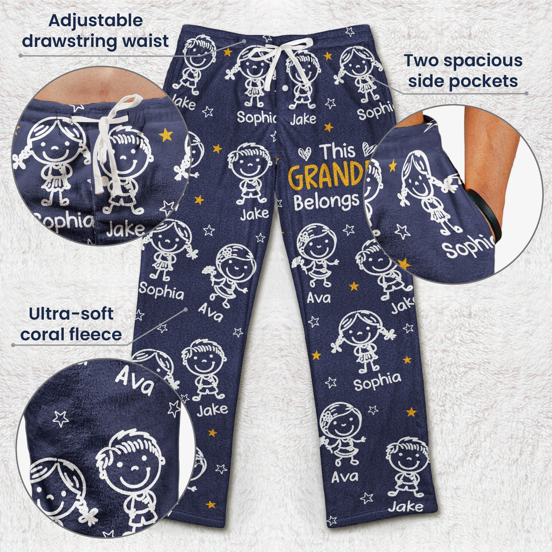 This Grandma Grandpa Belongs Doodle Kids - Personalized Fleece Pajama Pants