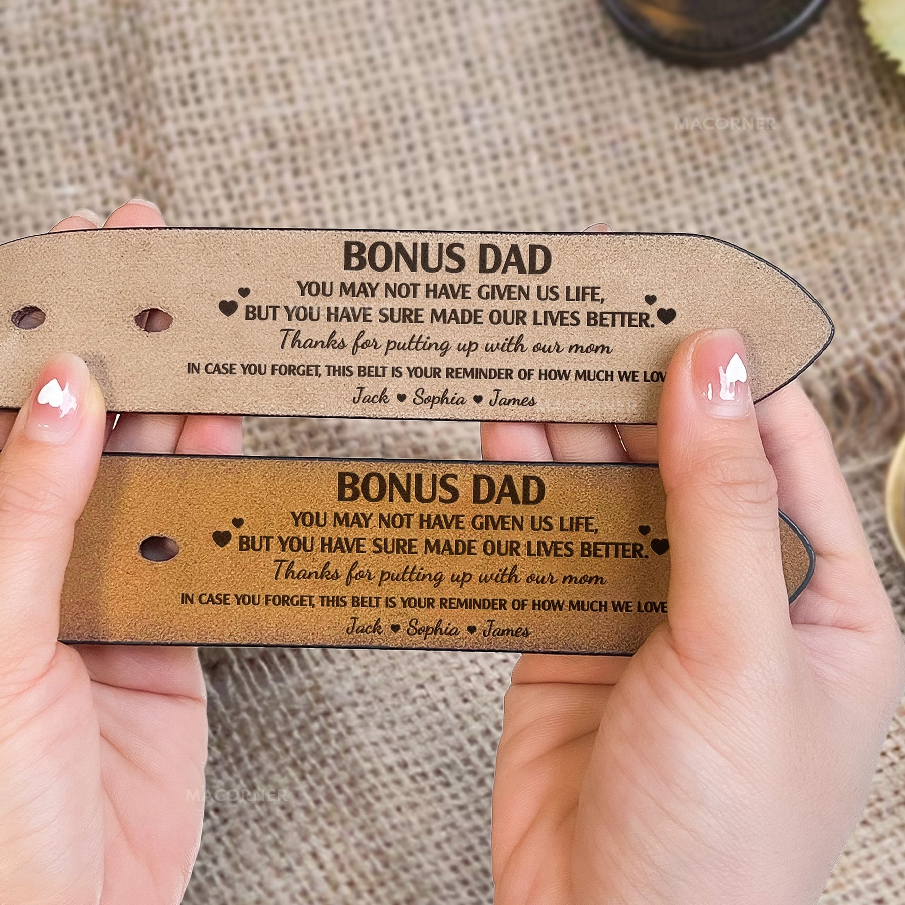 To Bonus Dad, Step Dad Thanks For Putting Up With Mom - Personalized Engraved Leather Belt