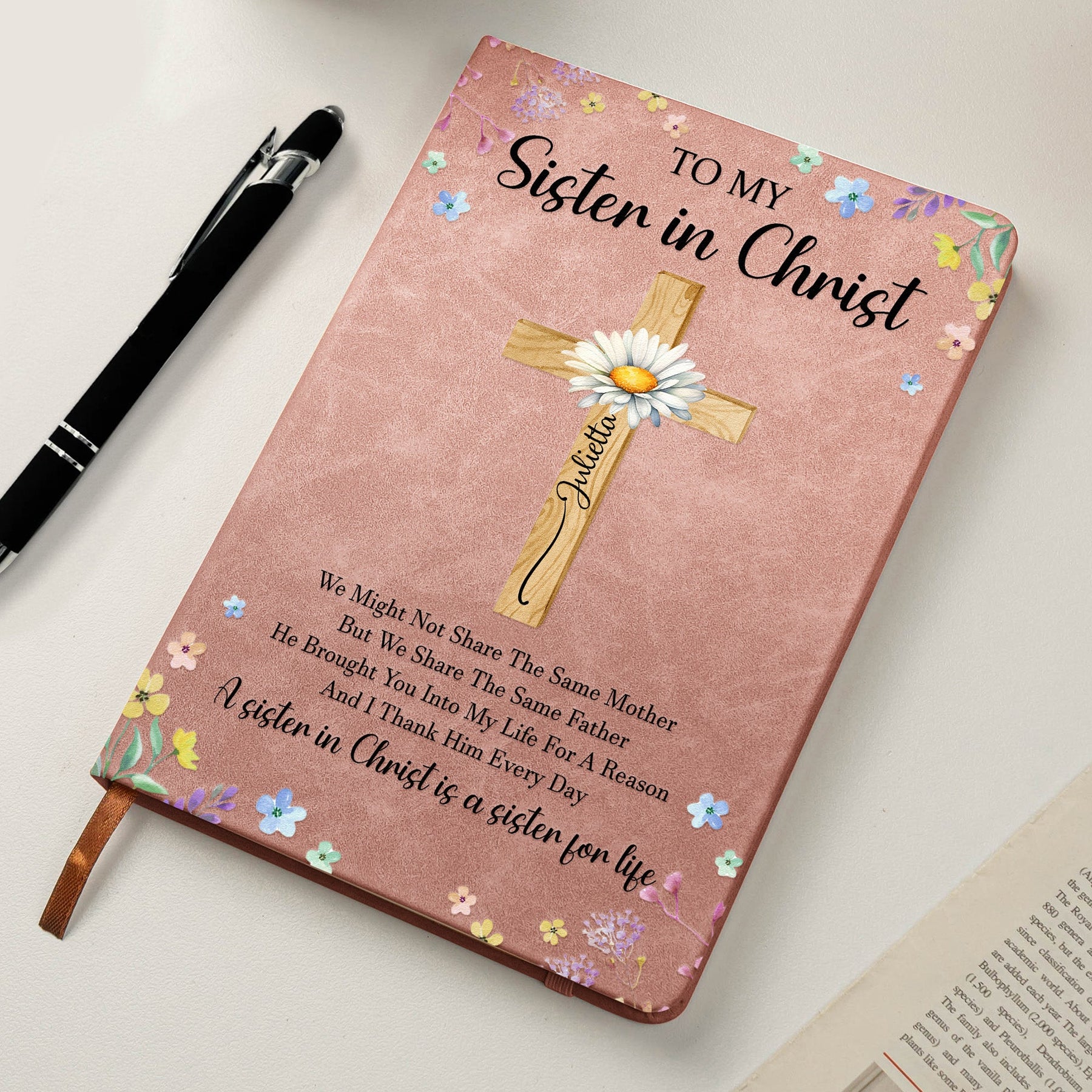 To My Sister In Christ Custom With Name & Birth Flower - Personalized Leather Journal